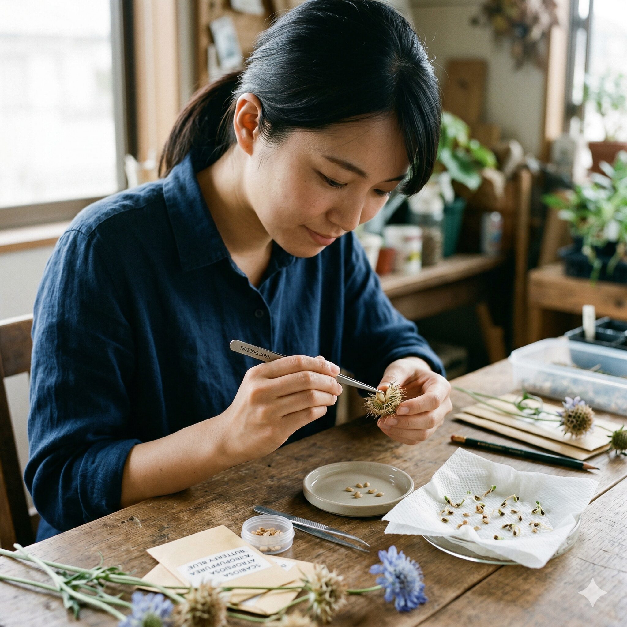 スカビオサ の 育て 方3 発芽率を高めるためにスカビオサの種の外殻を剥く「殻剥き」の工程