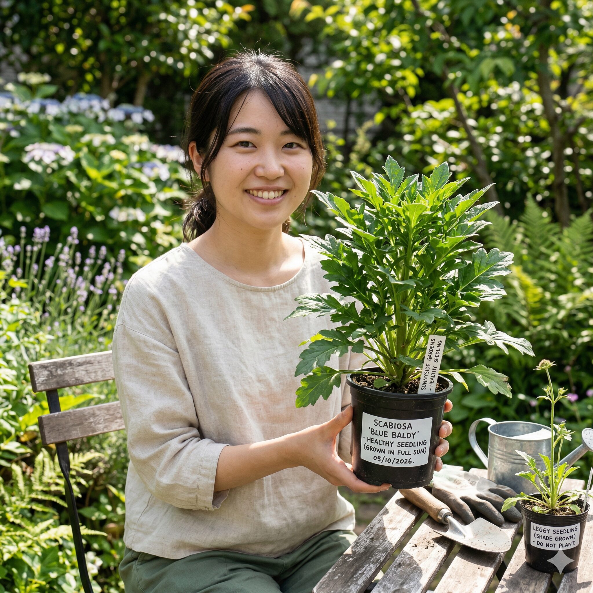 スカビオサ の 育て 方4 日光を十分に浴びて茎が太く丈夫に育ったスカビオサの健康な苗