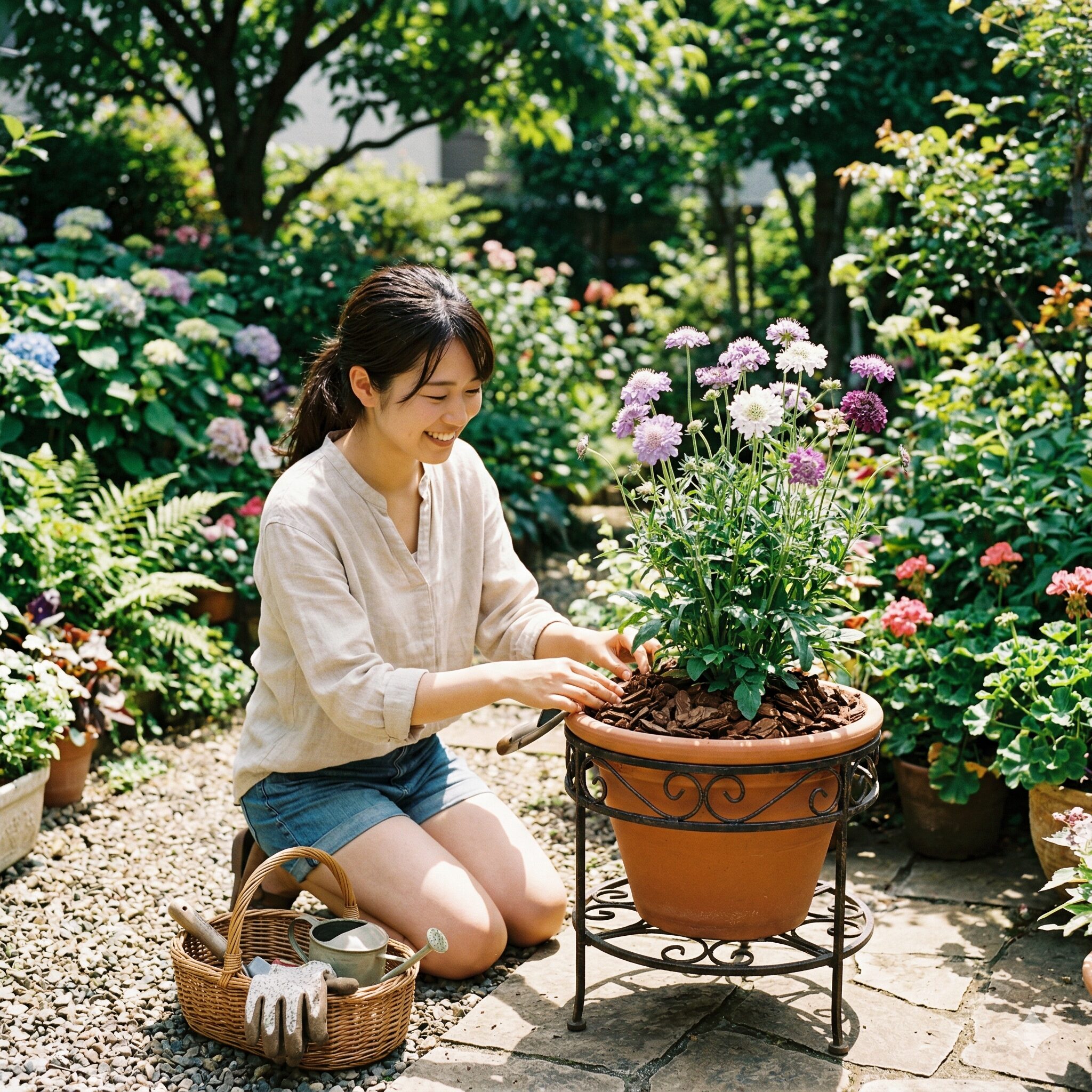 スカビオサ の 育て 方7 地温上昇と蒸れを防ぐためのスカビオサのマルチングと鉢の置き場所