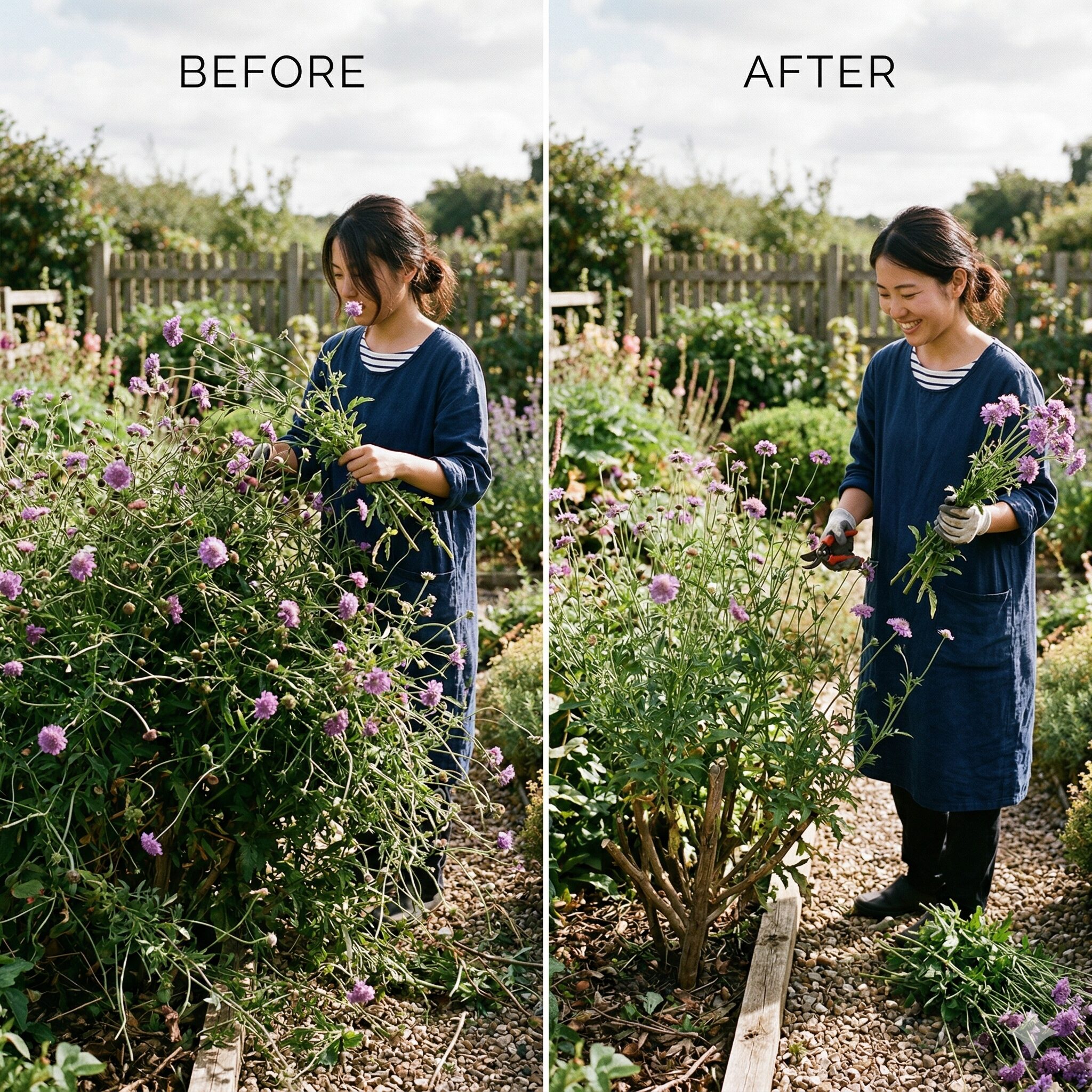 スカビオサ の 育て 方8 夏の蒸れ対策としてスカビオサを切り戻して風通しを良くする剪定作業