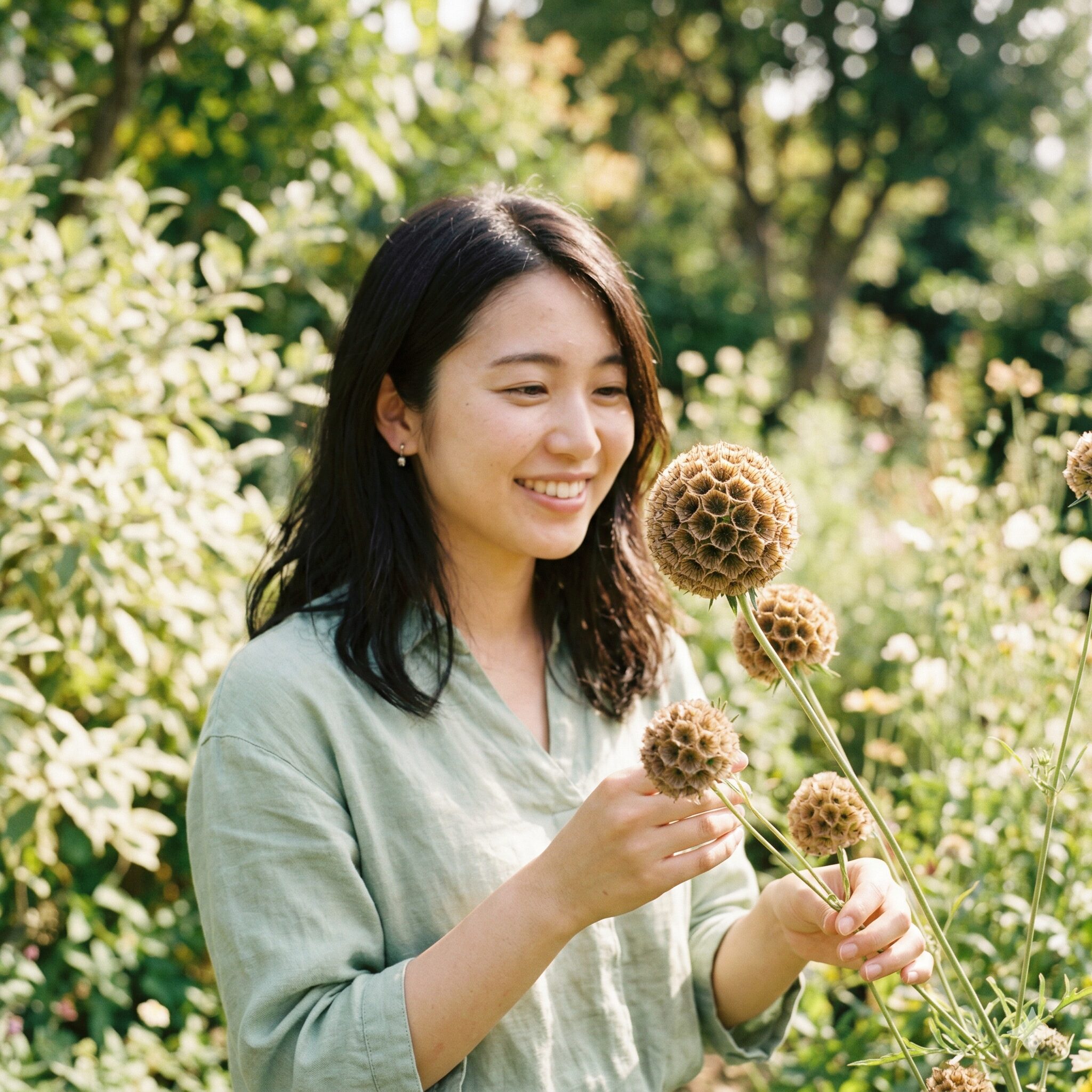 スカビオサ ドラムスティック1　庭で美しく実ったスカビオサ・ドラムスティックの幾何学的なシードヘッド