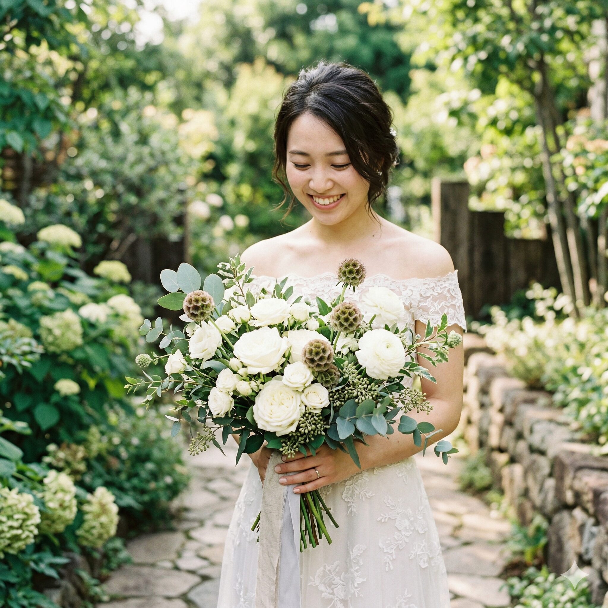 スカビオサ ドラムスティック10　スカビオサ・ドラムスティックをアクセントに使用した洗練されたウェディングブーケ