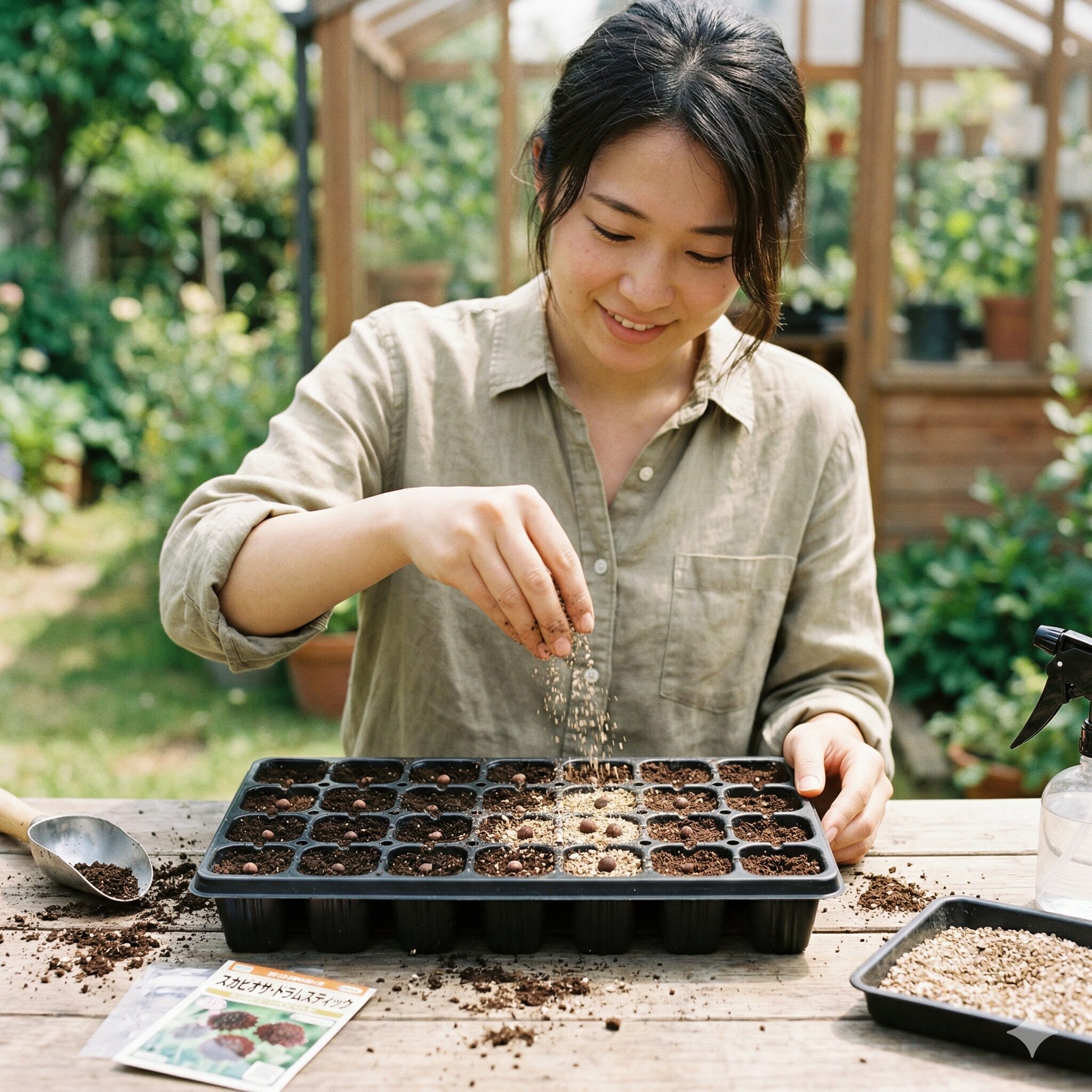 スカビオサ ドラムスティック2　スカビオサ・ドラムスティックの種まき。好光性の性質に合わせた薄い覆土の様子