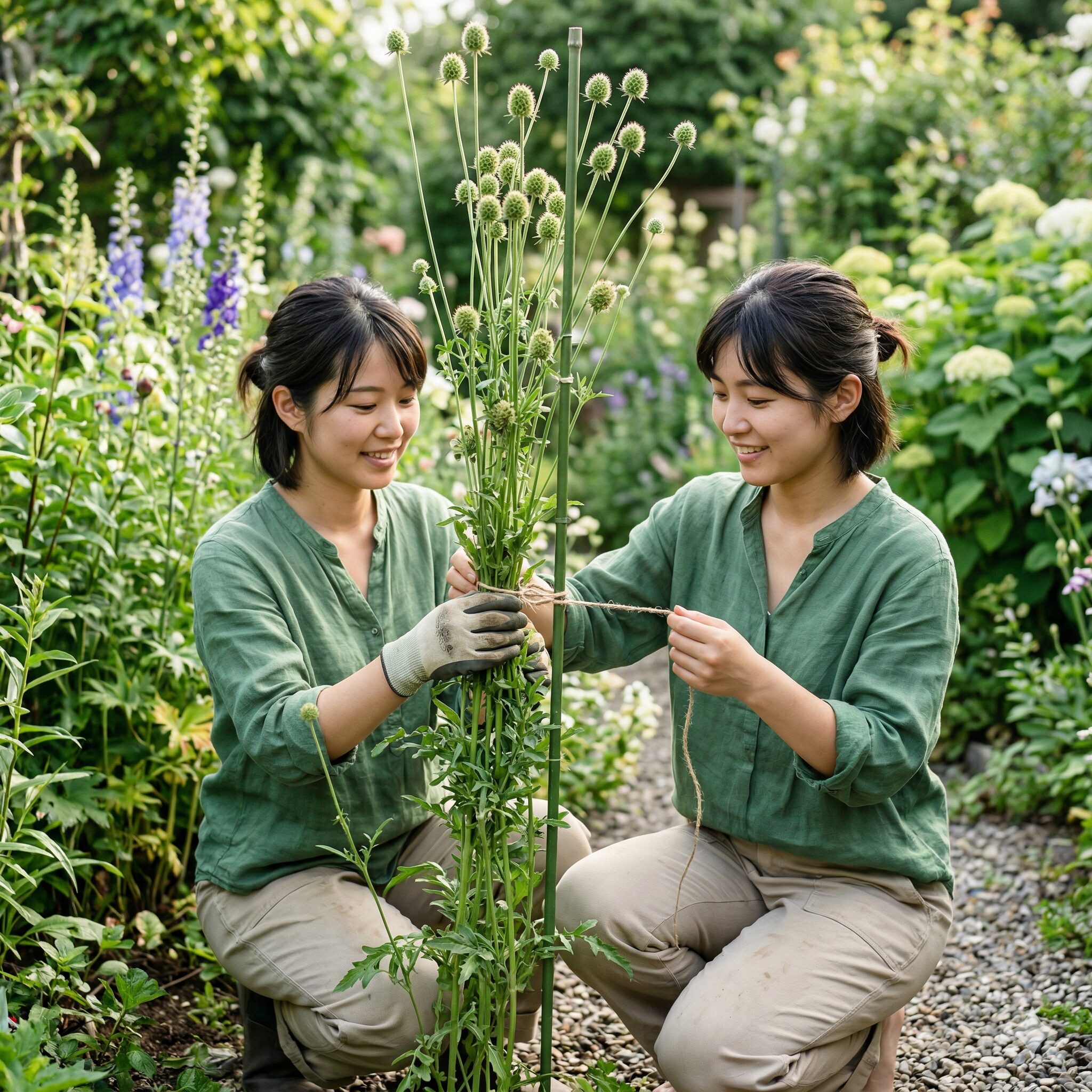 スカビオサ ドラムスティック6　背が高くなったスカビオサ・ドラムスティックを支える麻紐と支柱の固定方法