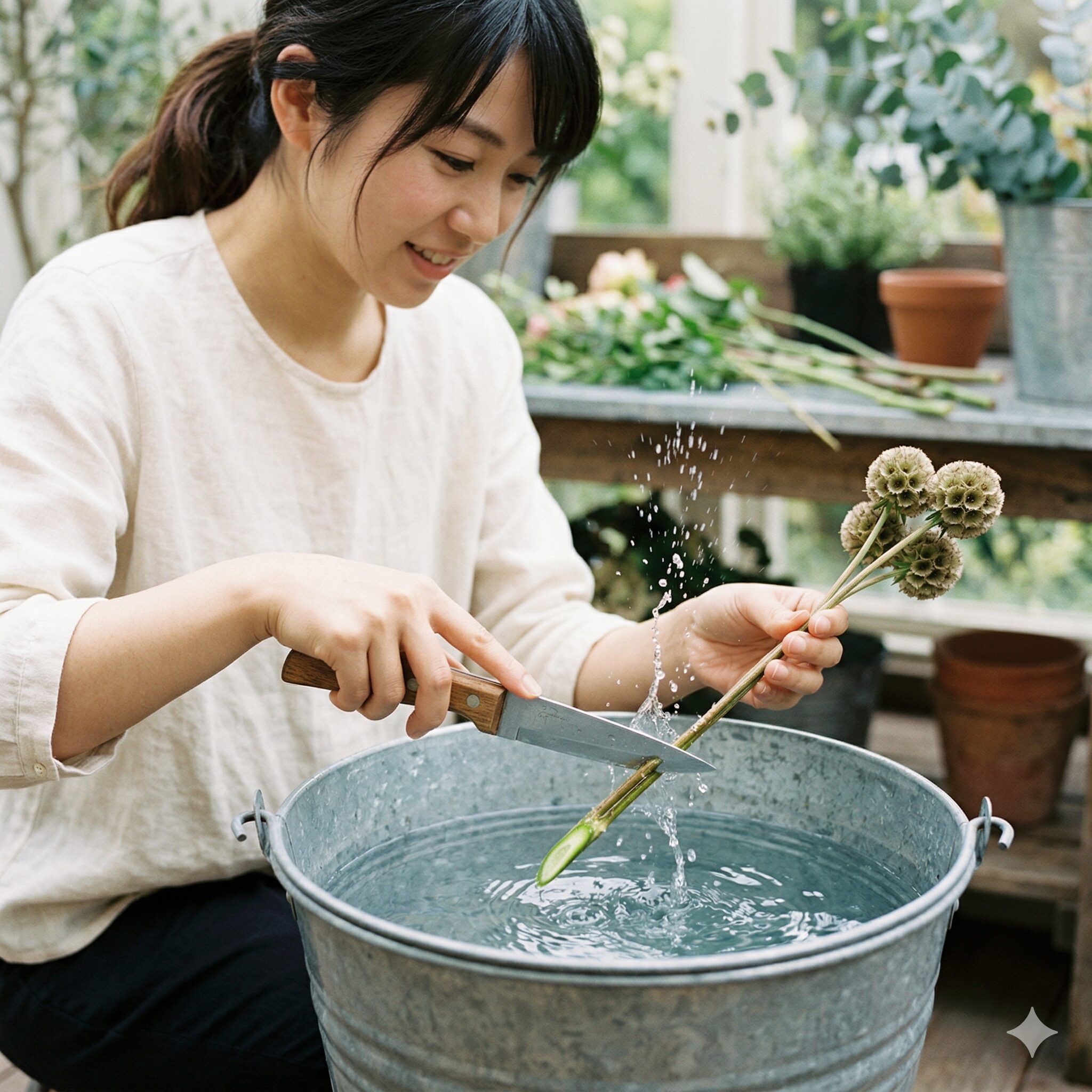 スカビオサ ドラムスティック7　切り花を長持ちさせるためのスカビオサ・ドラムスティックの水切りの手順