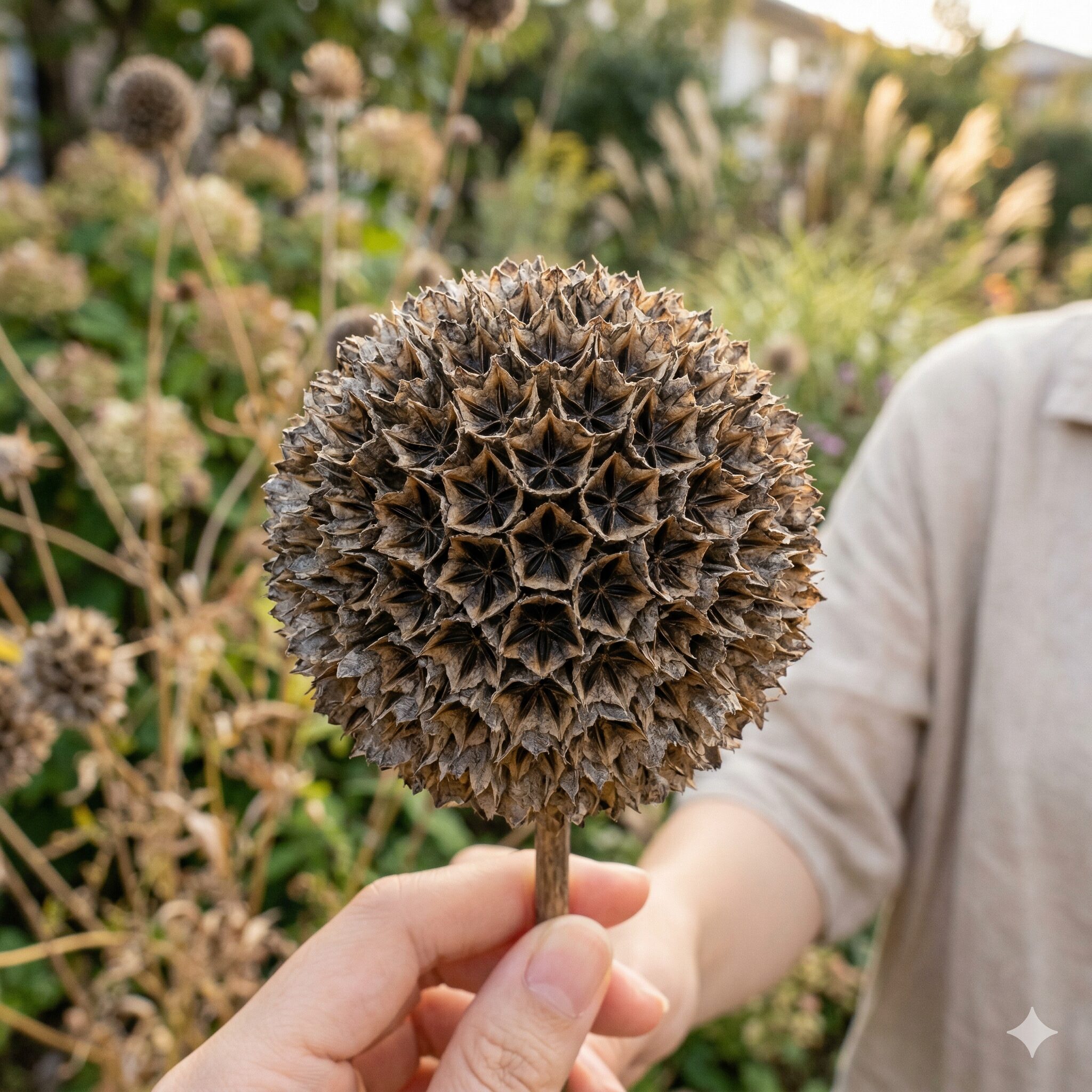 スカビオサ ドラムスティック8　ドライフラワーに最適な収穫タイミングを迎えたスカビオサ・ドラムスティックのシードヘッド