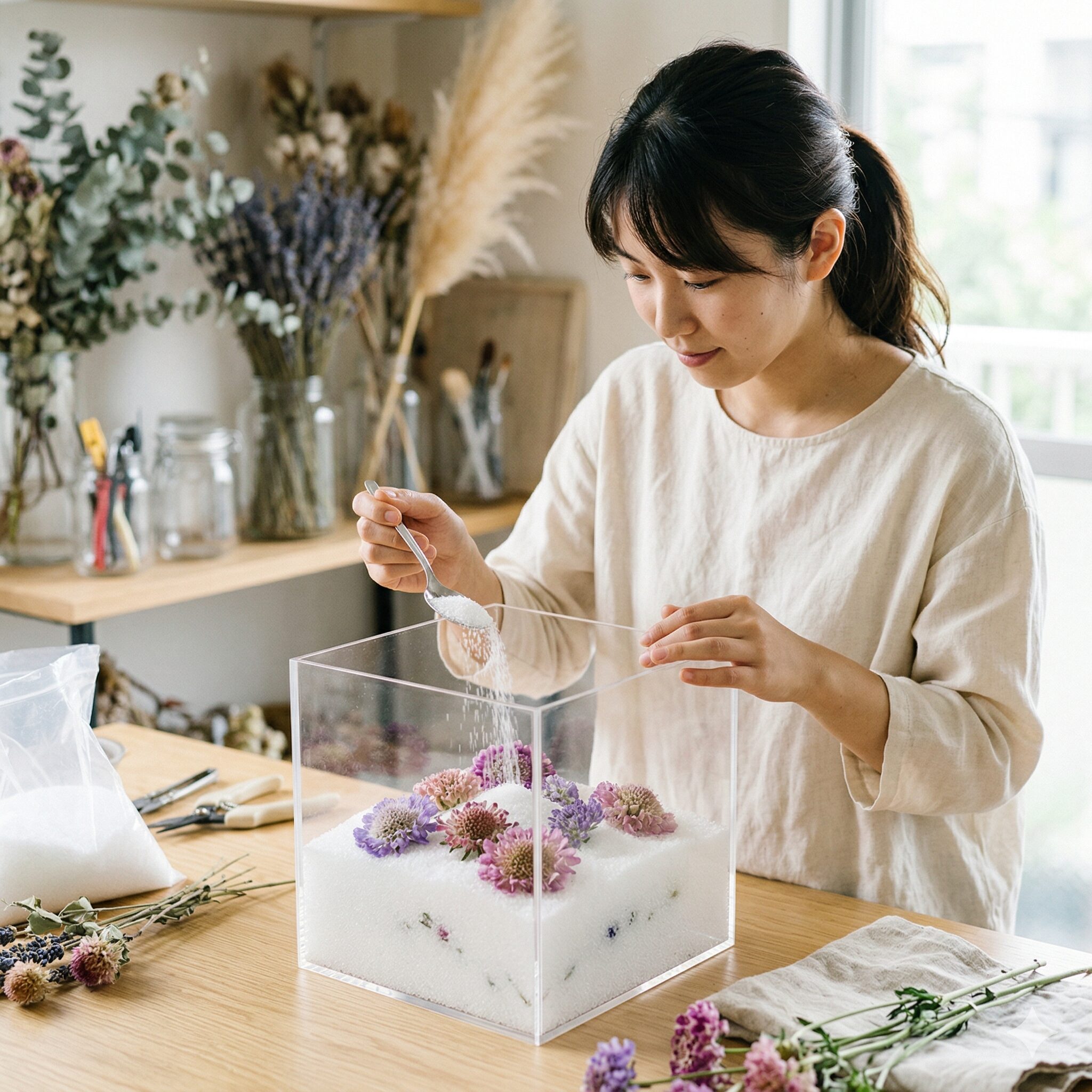 スカビオサ ドラムスティック9　シリカゲルを用いてスカビオサ・ドラムスティックを色鮮やかに乾燥させる方法