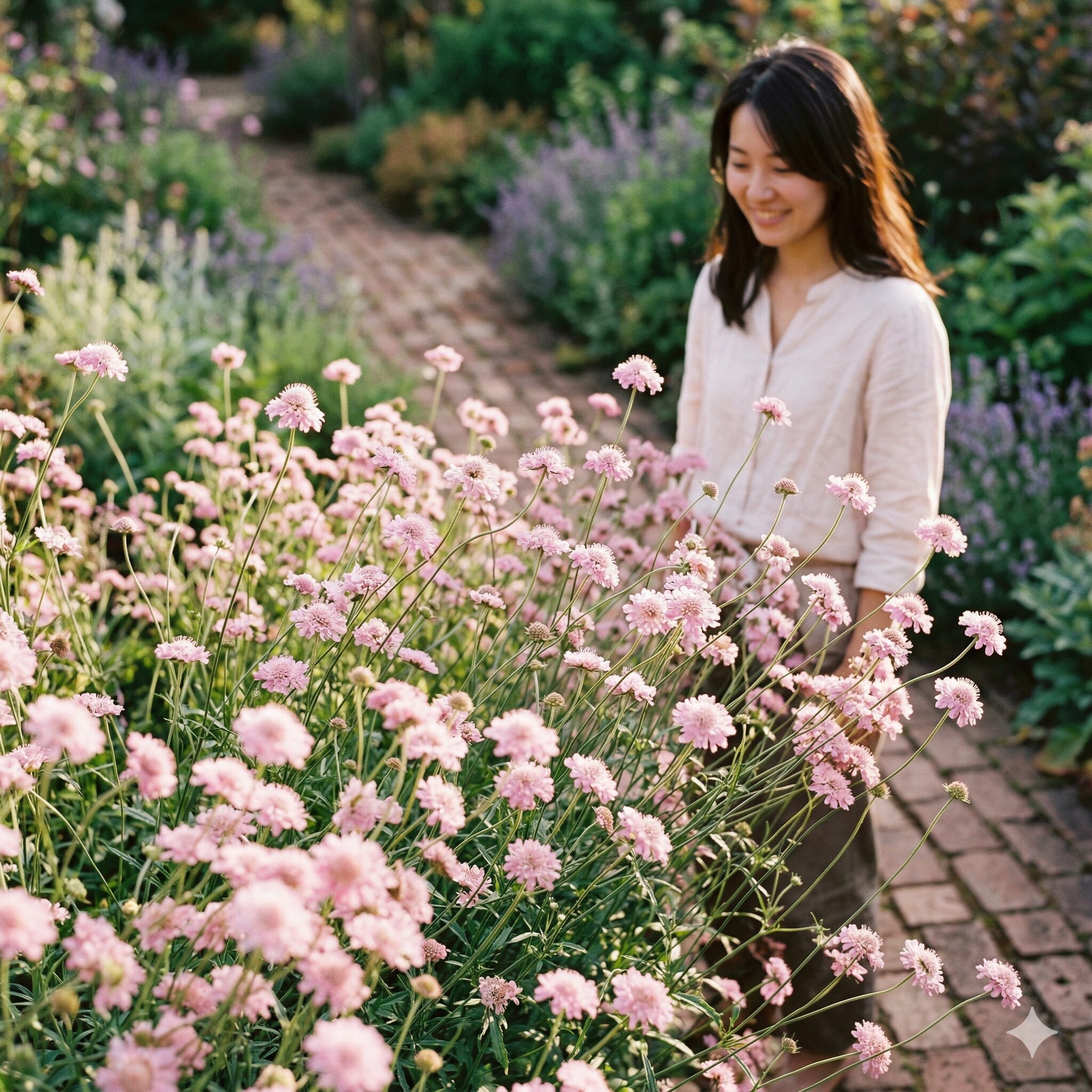 スカビオサ ピンクレース1　ナチュラルガーデンで風に揺れながら美しく咲き誇るスカビオサ・ピンクレースの満開の様子