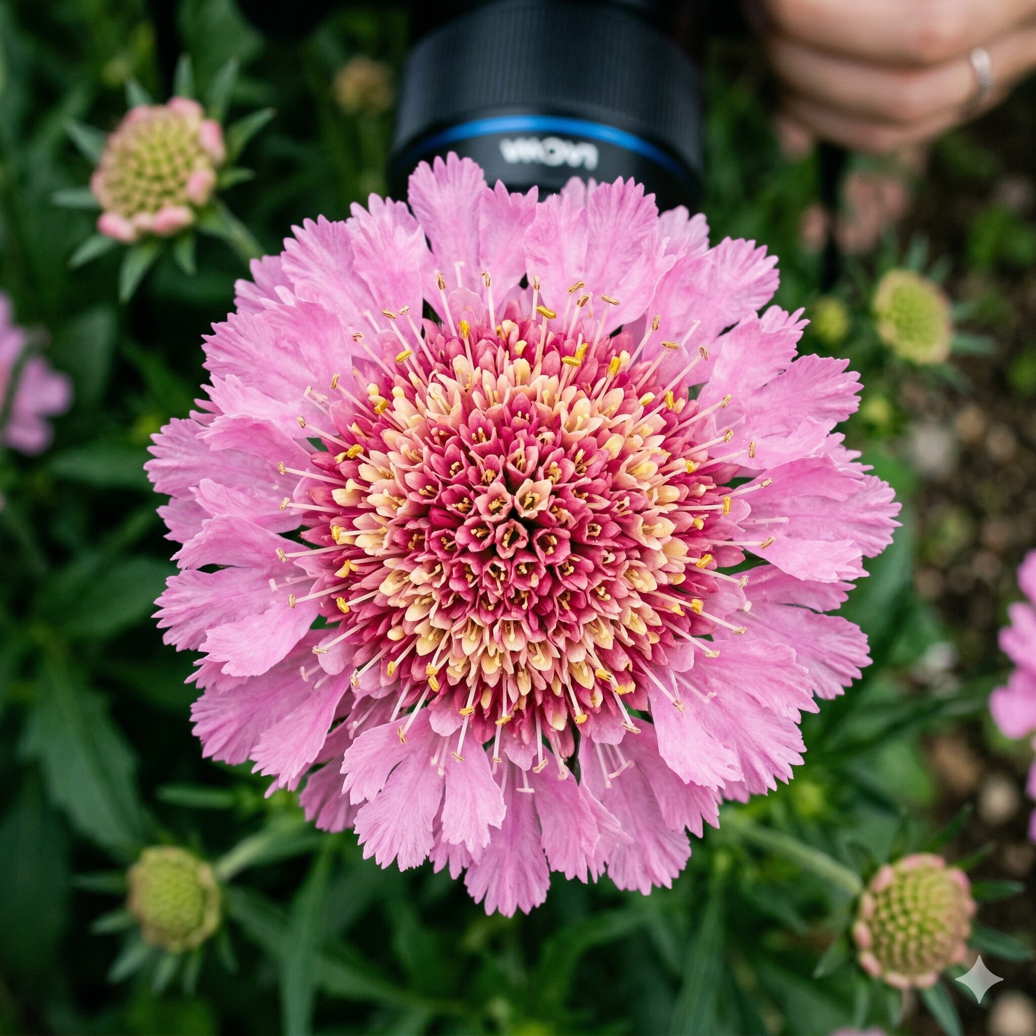 スカビオサ ピンクレース2 スカビオサ・ピンクレースの最大の特徴である針刺し状の花の構造を捉えたクローズアップ写真