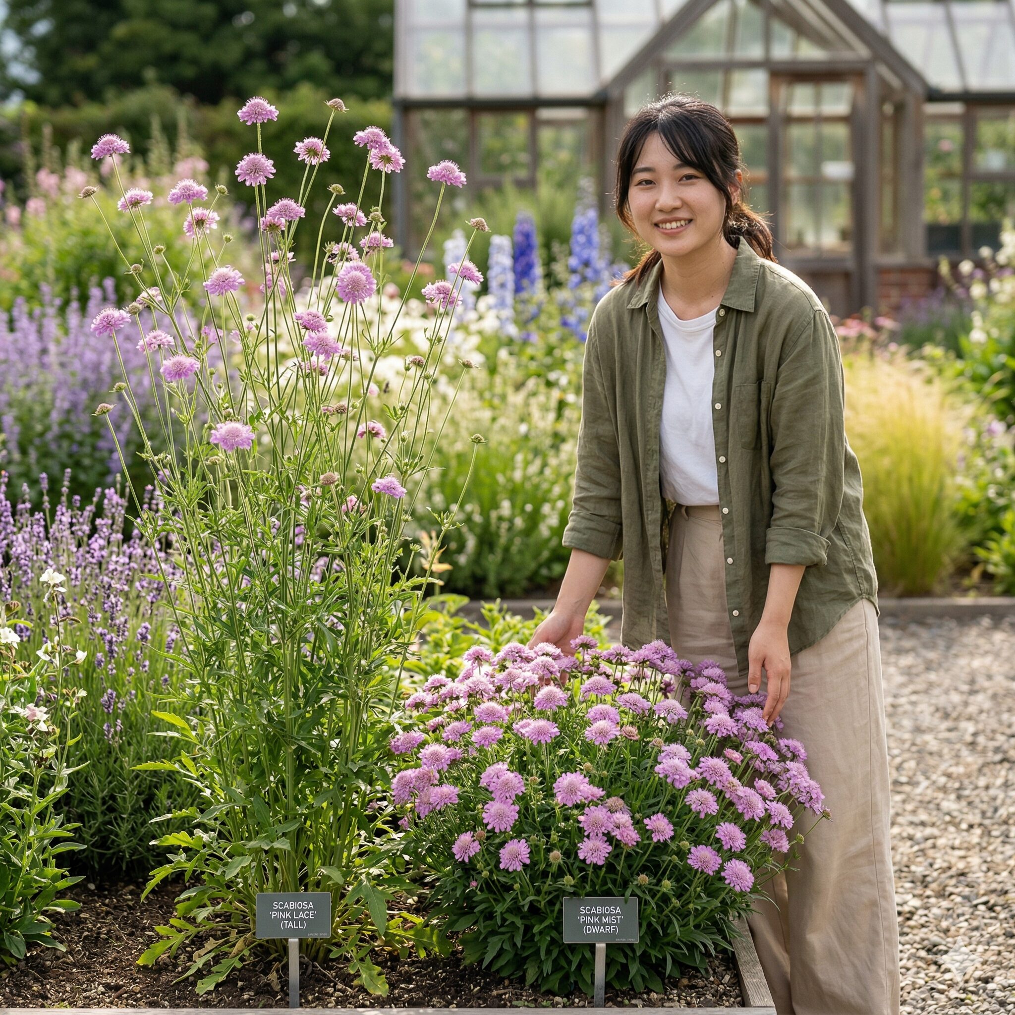スカビオサ ピンクレース3 スカビオサ・ピンクレースとピンクミストの草丈とボリューム感の違いを比較した写真