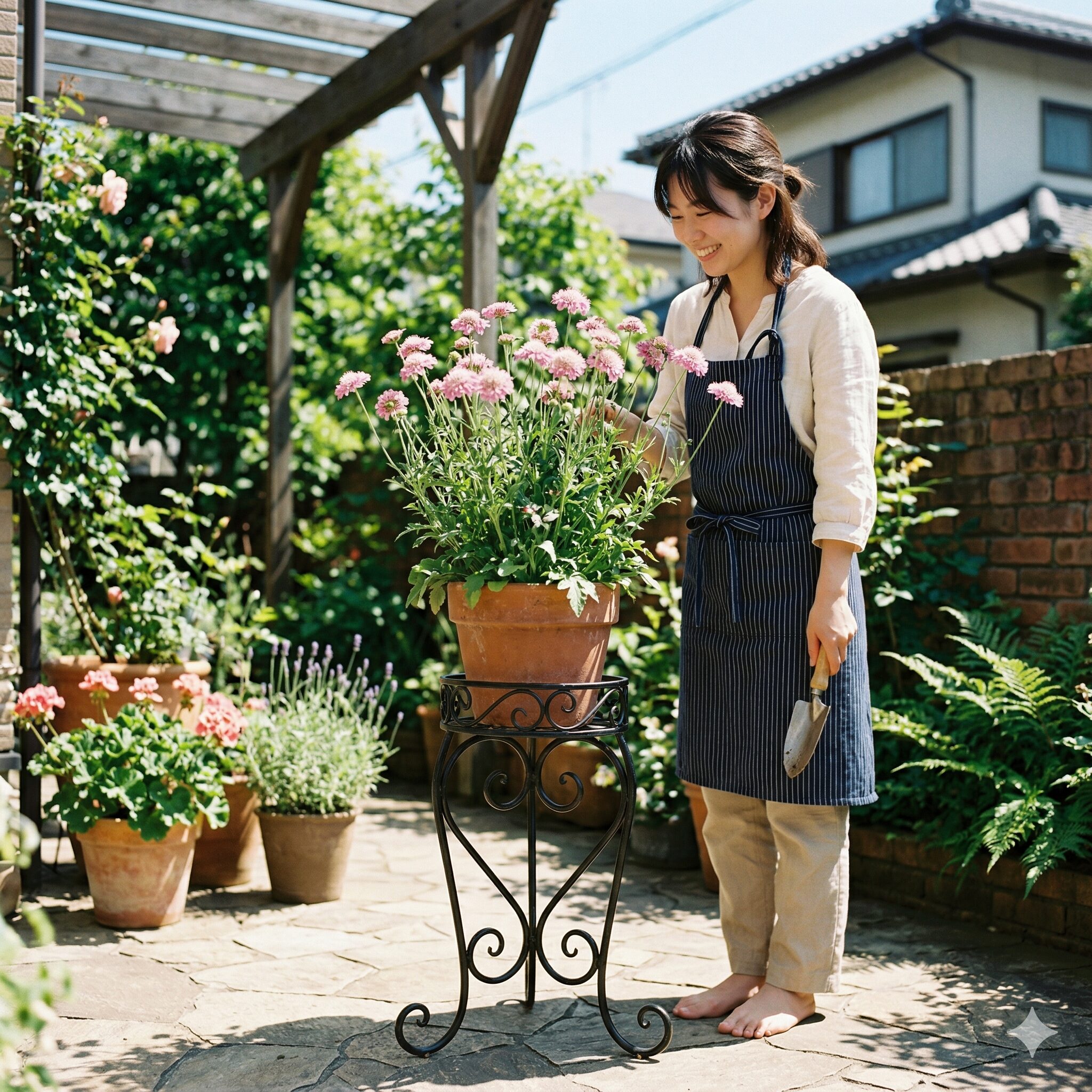 スカビオサ ピンクレース4 風通しを良くするためにフラワースタンドを使って底面の通気性を高めたスカビオサの鉢植え