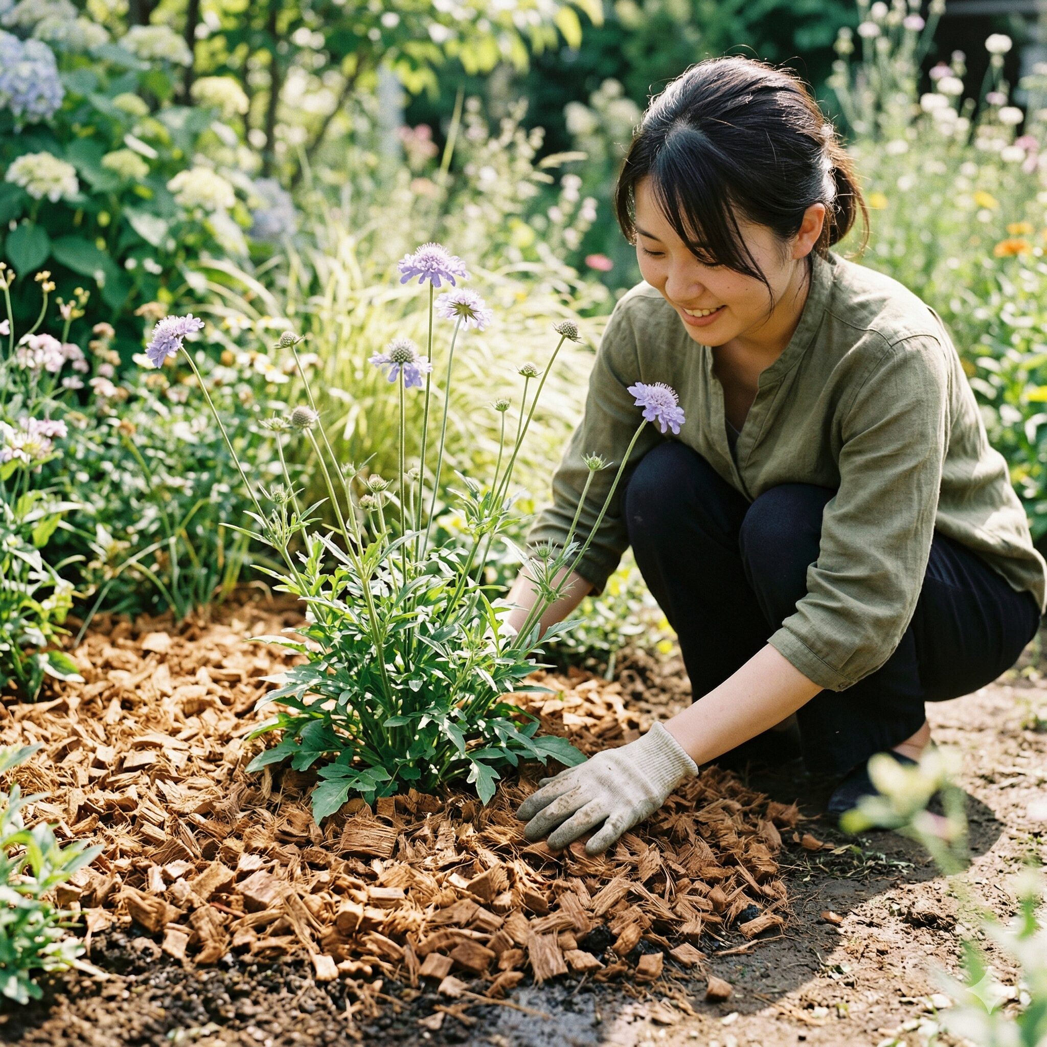 スカビオサ ピンクレース5 夏の暑さから根を守るためにスカビオサの株元に施されたマルチングの様子