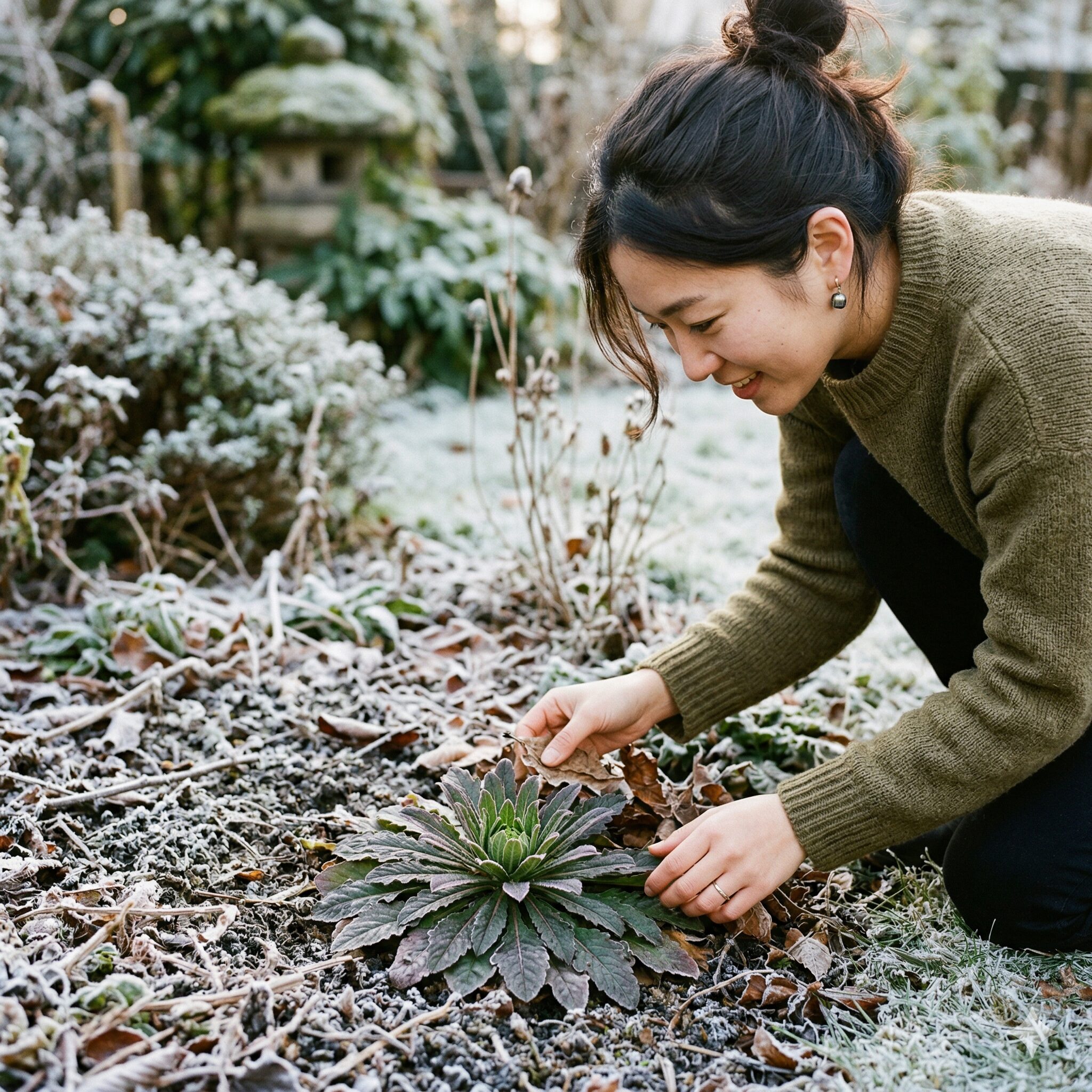スカビオサ ピンクレース6 冬の休眠期に地面に張り付くように葉を広げて耐えるスカビオサのロゼット状の草姿