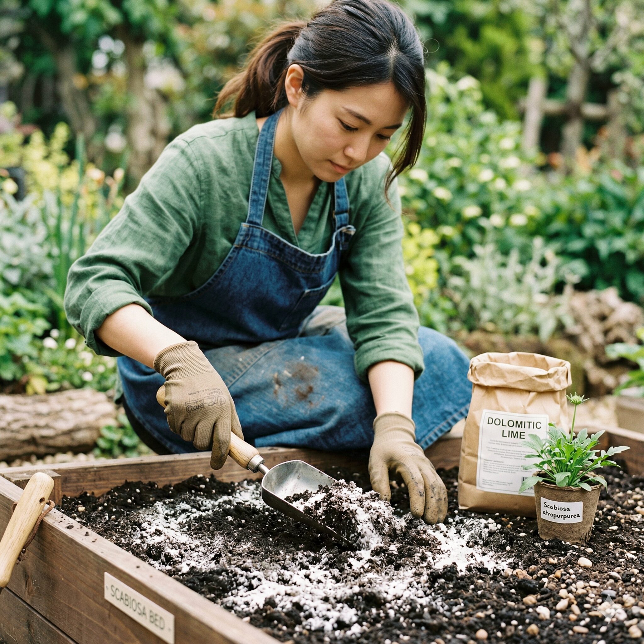 スカビオサ ピンクレース7 スカビオサに適した中性土壌を作るために苦土石灰を土に混ぜ込む土壌改良の作業