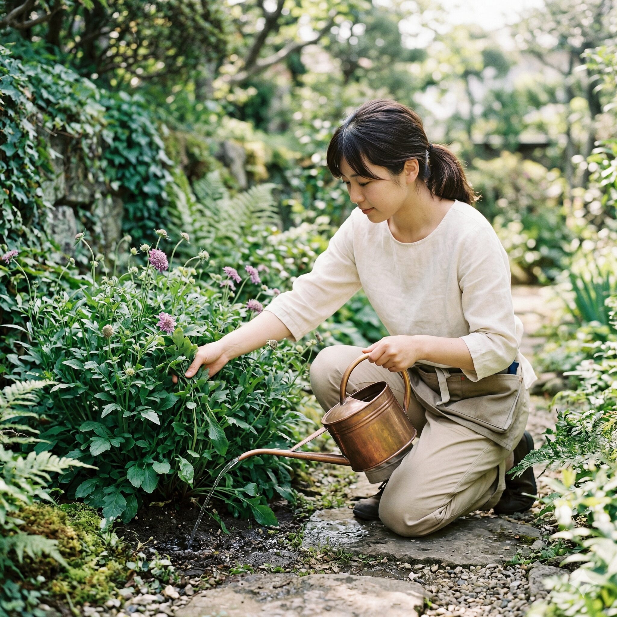 スカビオサ ピンクレース8 蒸れや病気を防ぐためにスカビオサの株元の土へ直接水やりを行う正しい方法