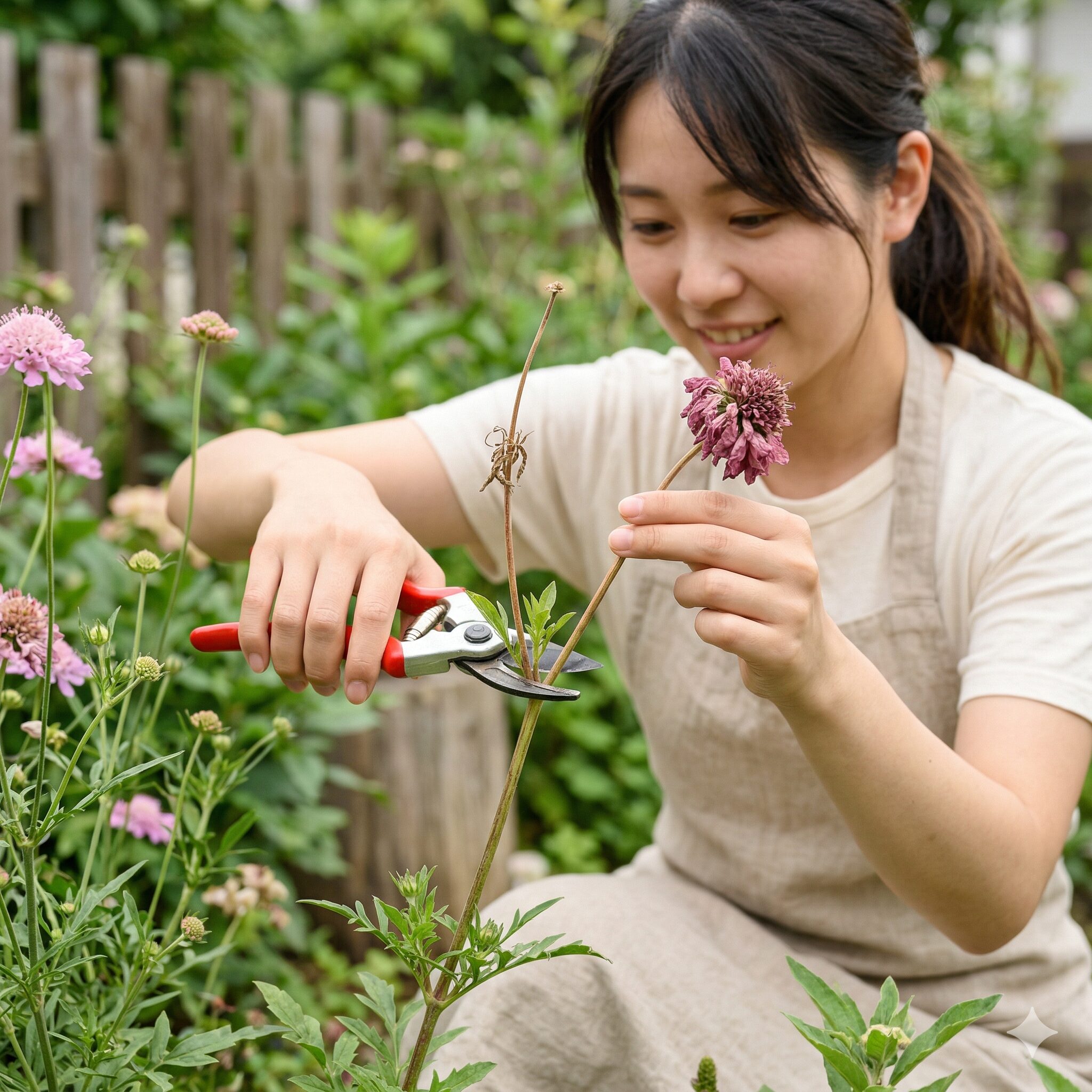 スカビオサ ピンクレース9 次の花芽を促進するために節のすぐ上でスカビオサの花がら摘みを行う様子