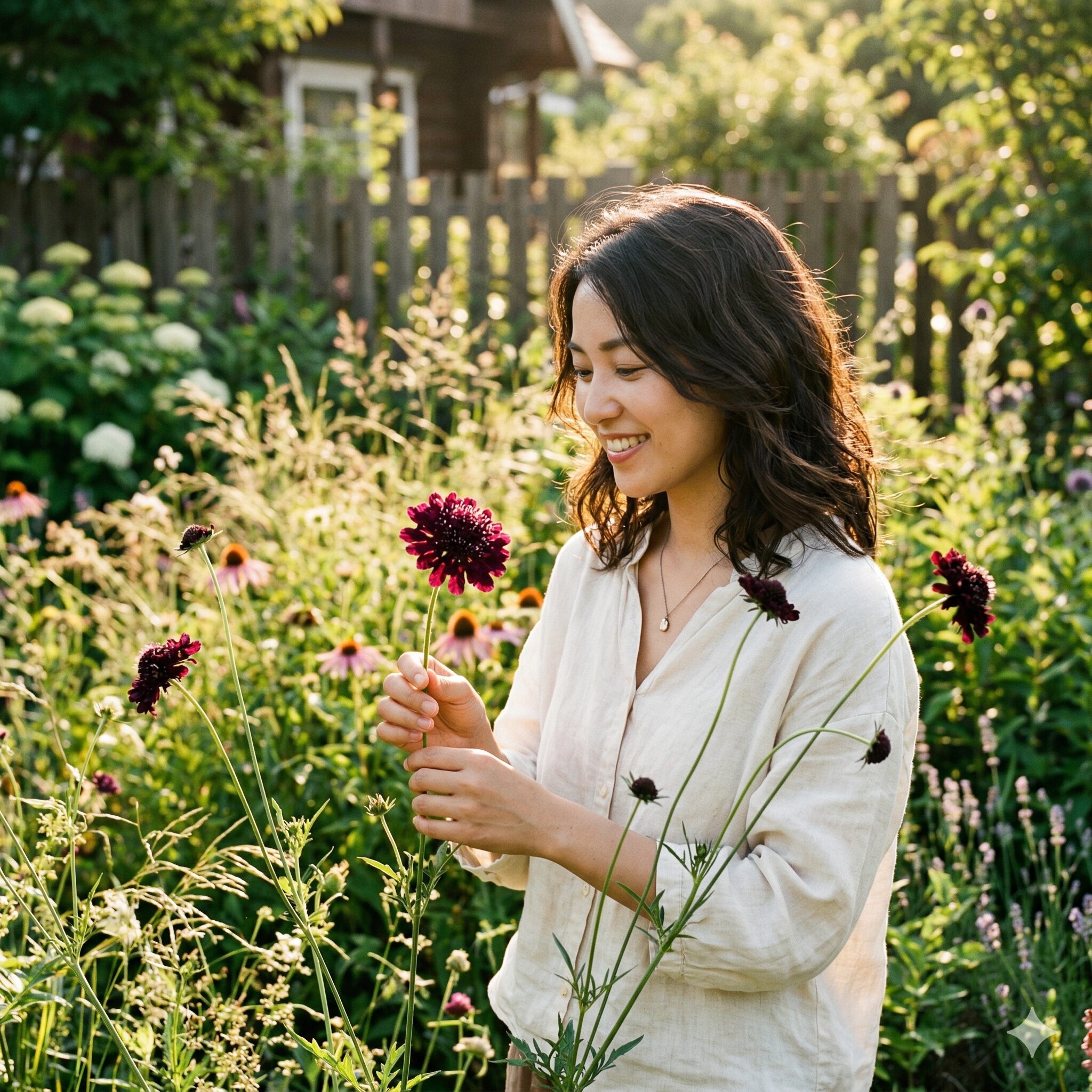スカビオサ ブラックナイト1　太陽の光に映えるシックなスカビオサ ブラックナイトの花