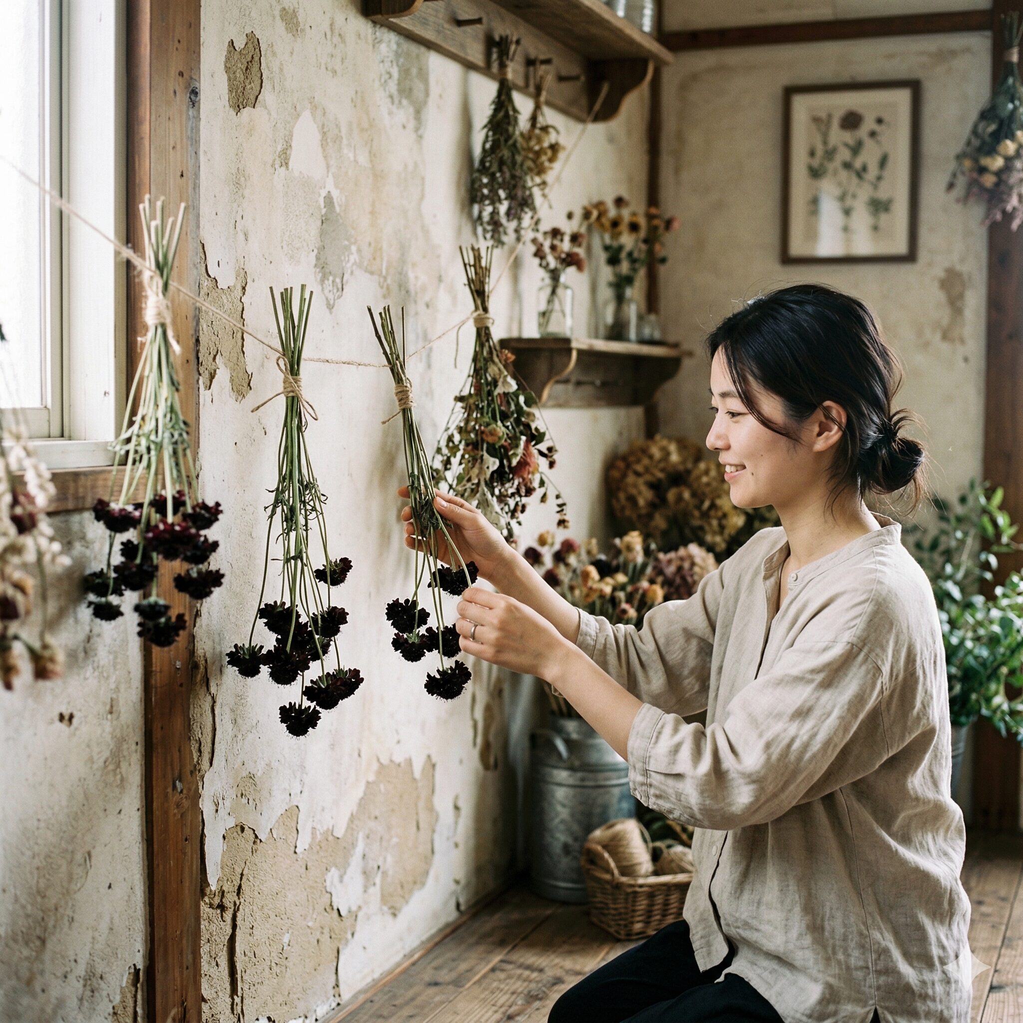 スカビオサ ブラックナイト10　逆さまに吊るして乾燥させたスカビオサ ブラックナイトのドライフラワー