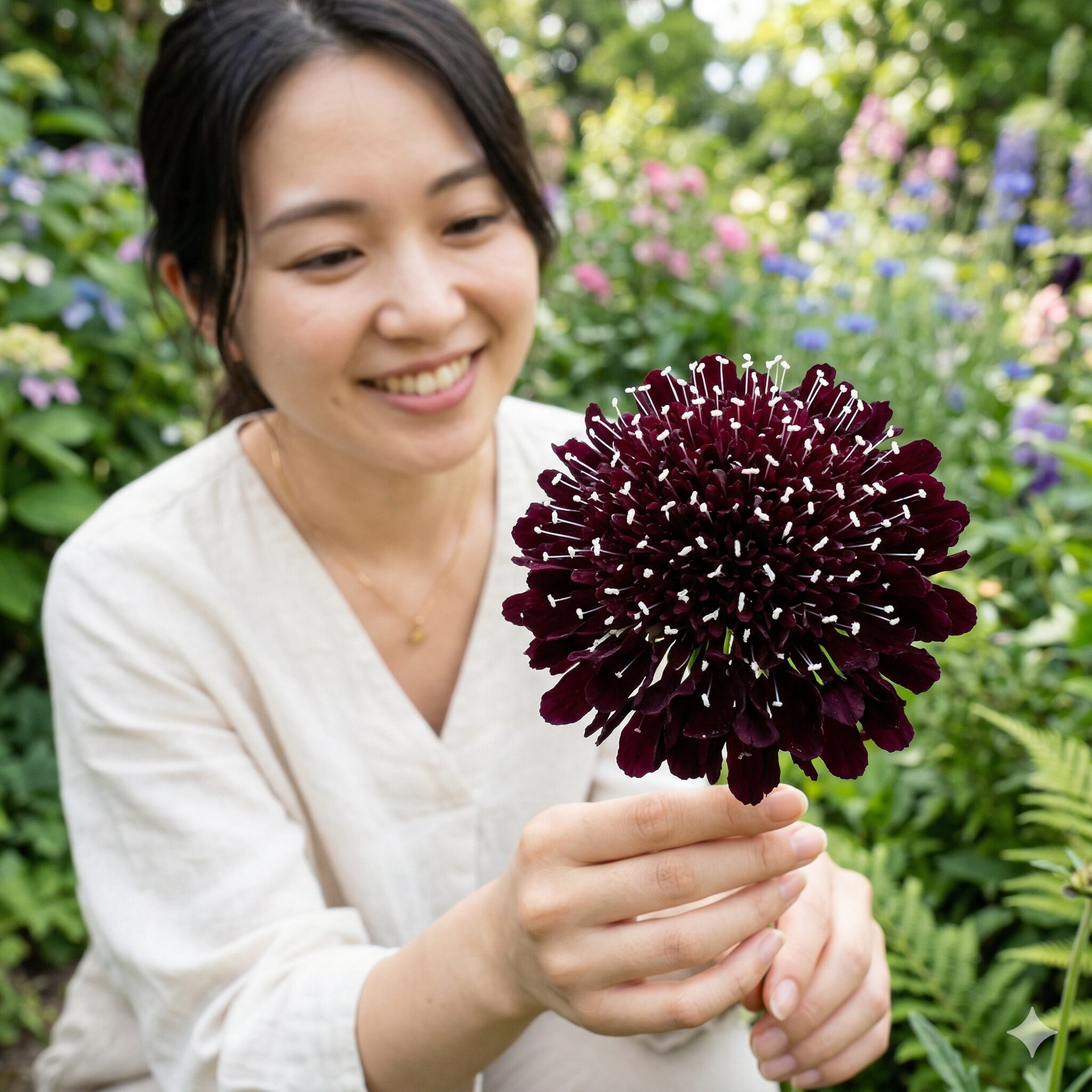スカビオサ ブラックナイト2　スカビオサ ブラックナイトの深い色と白い雄しべのコントラスト