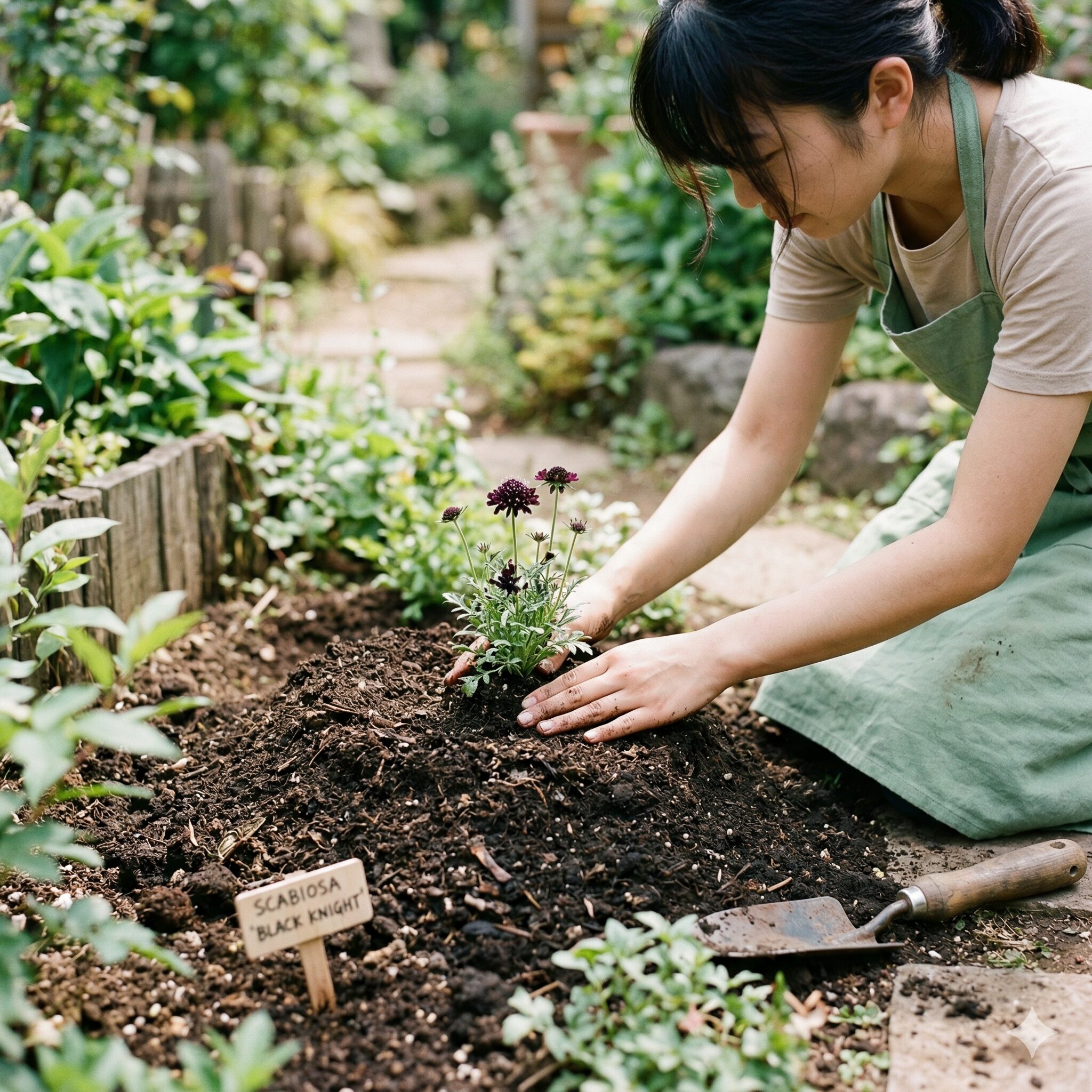 スカビオサ ブラックナイト4　根腐れを防ぐために土を高く盛って植え付けたスカビオサ ブラックナイト