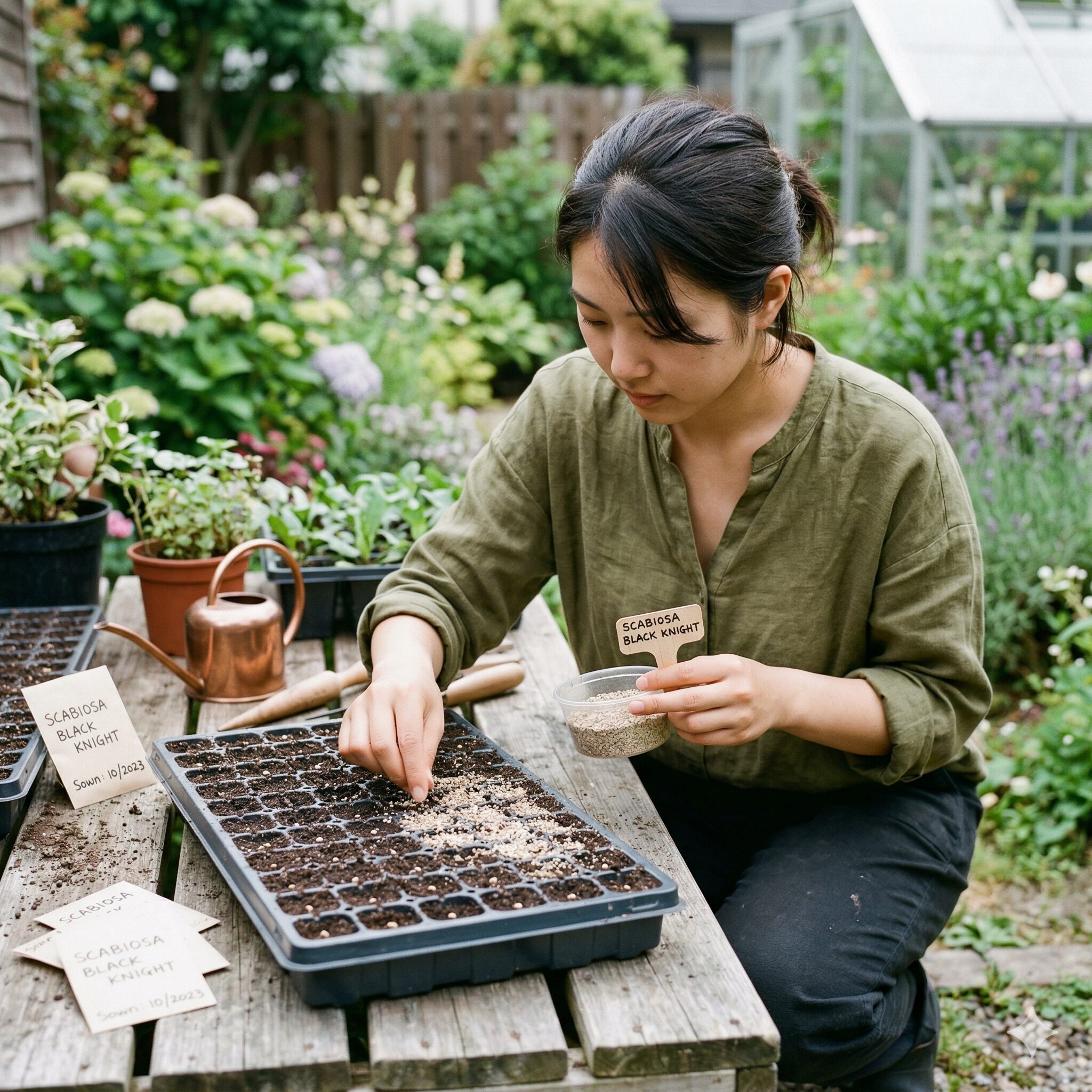 スカビオサ ブラックナイト5　育苗トレイにスカビオサ ブラックナイトを種まきし薄く覆土する作業