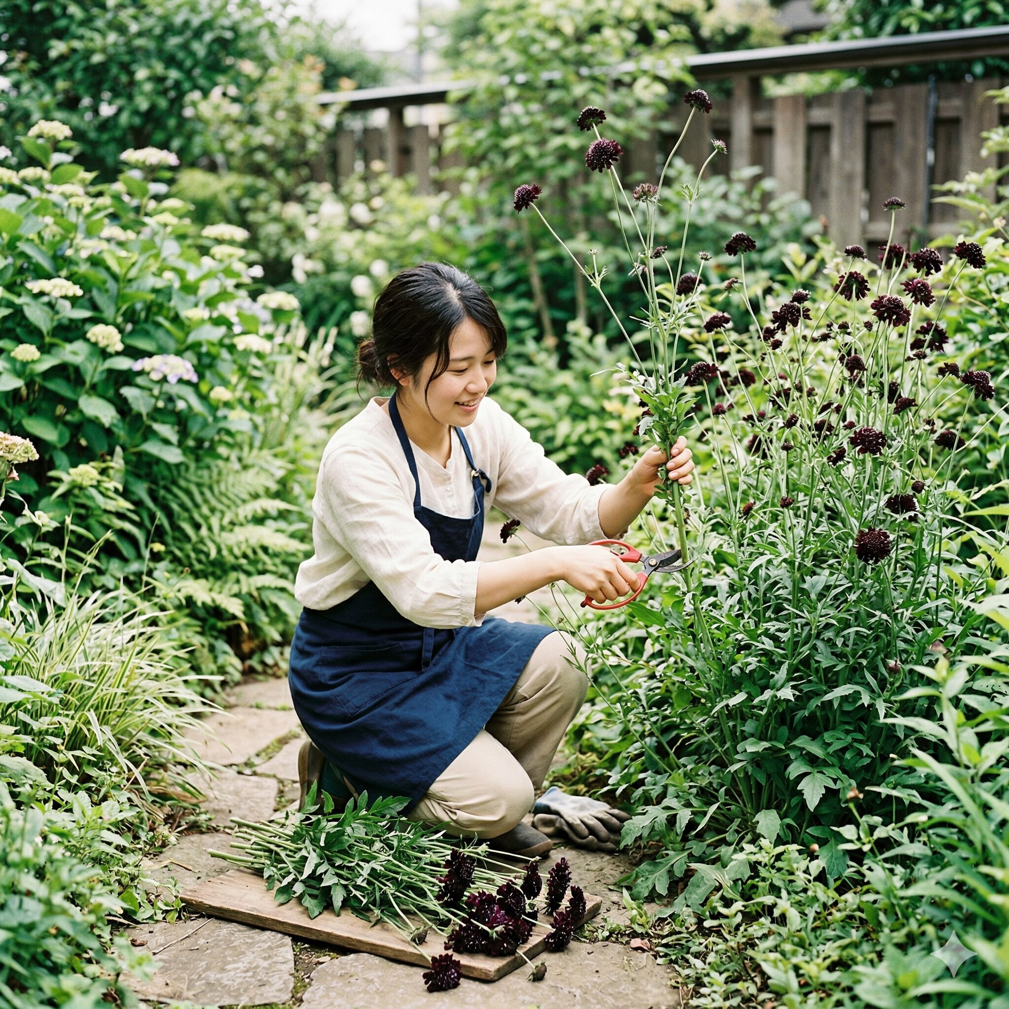 スカビオサ ブラックナイト7　夏の蒸れ防止のために切り戻し剪定を行うスカビオサ ブラックナイト