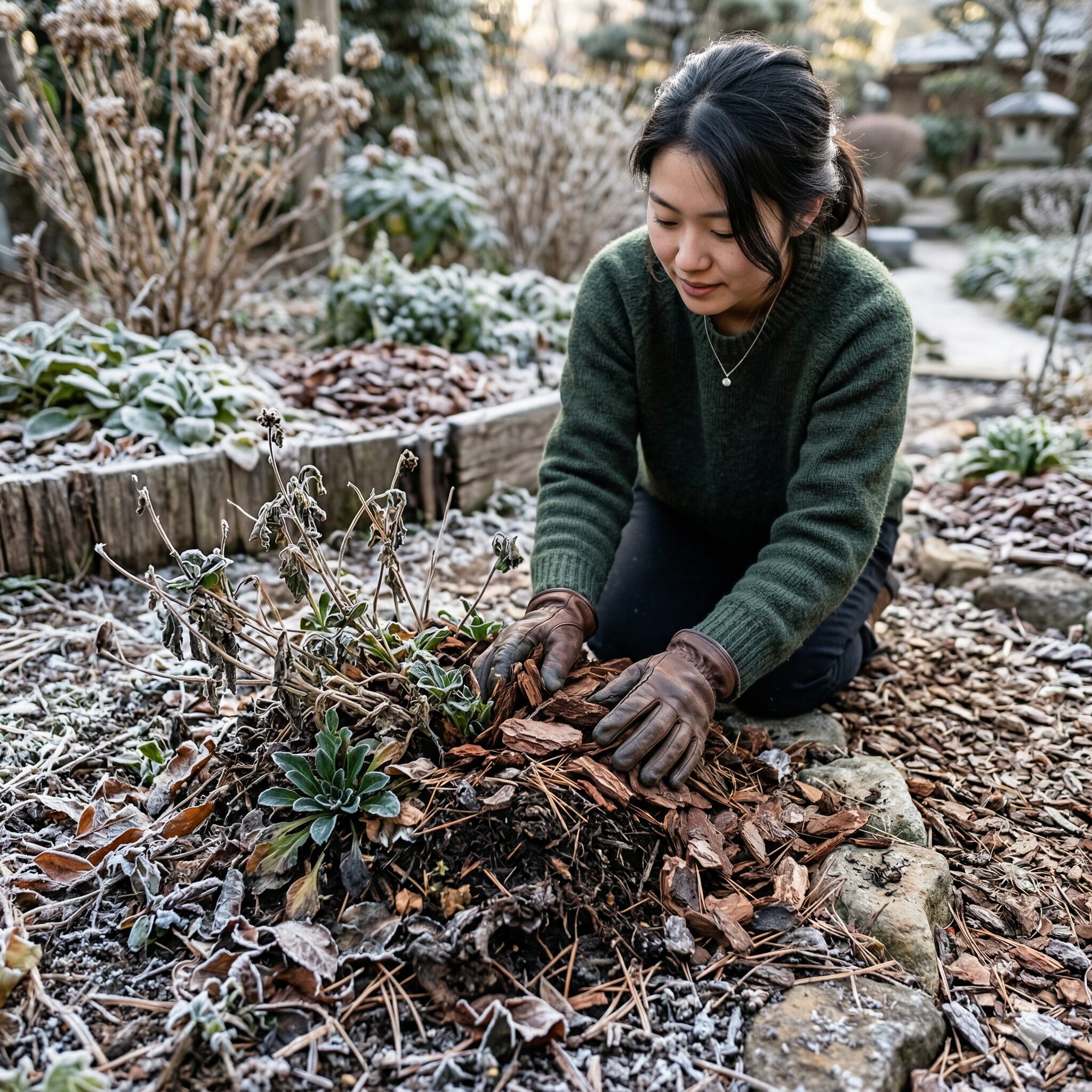 スカビオサ ブラックナイト8　凍結から根を守るために株元を腐葉土でマルチングした冬のスカビオサ