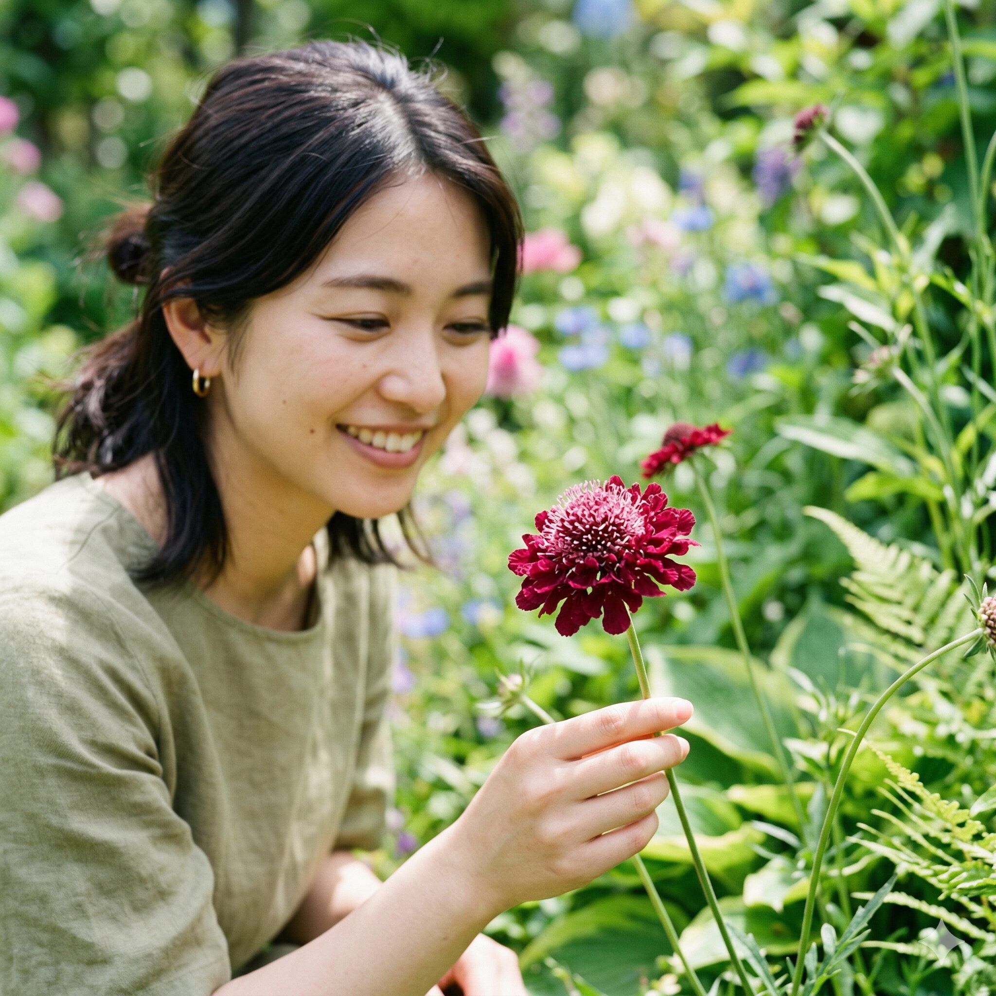 スカビオサ ボルドー1　深みのあるワインレッドが美しいスカビオサ ボルドーの花のクローズアップ