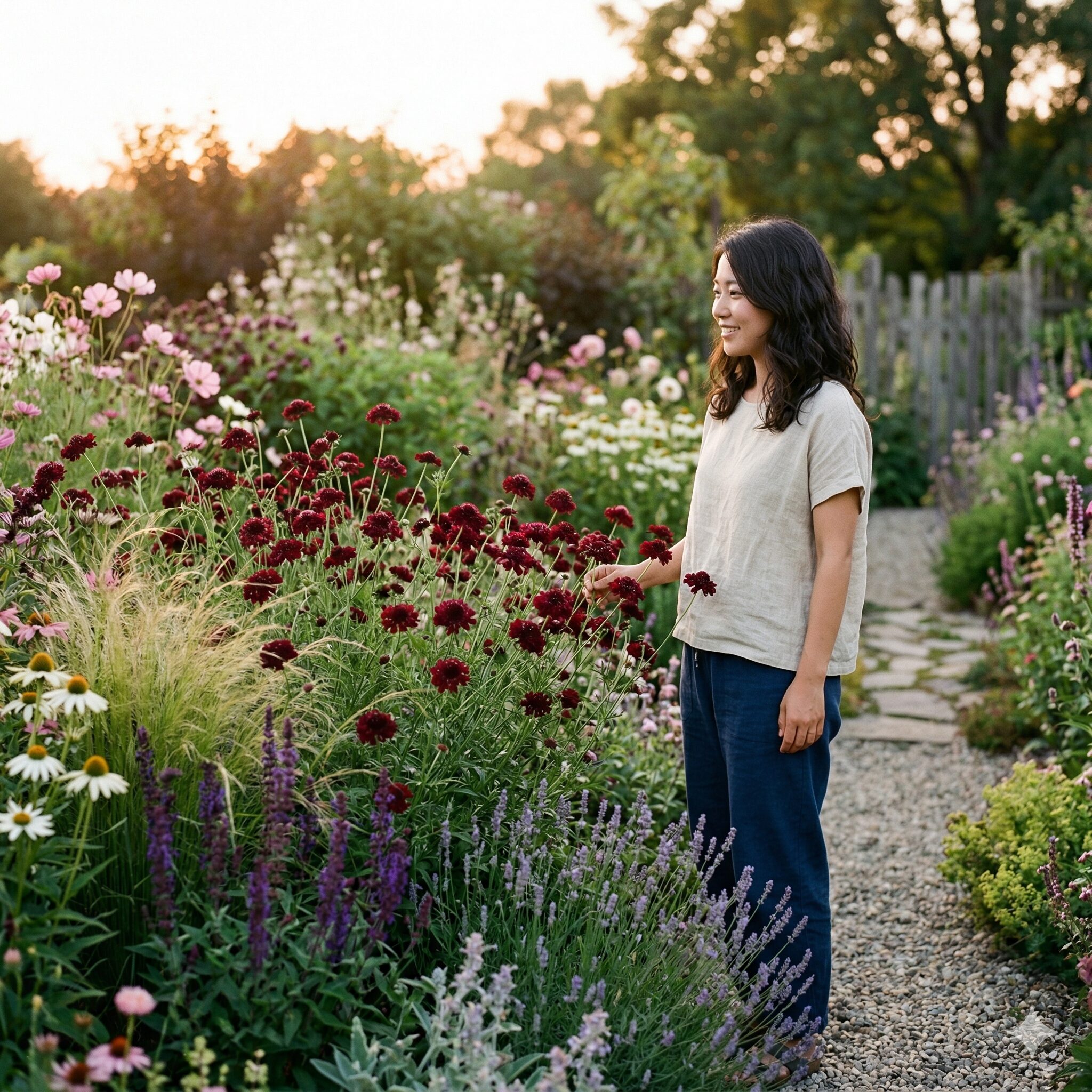 スカビオサ ボルドー10　洗練された庭を彩る満開のスカビオサ ボルドーの美しい景観