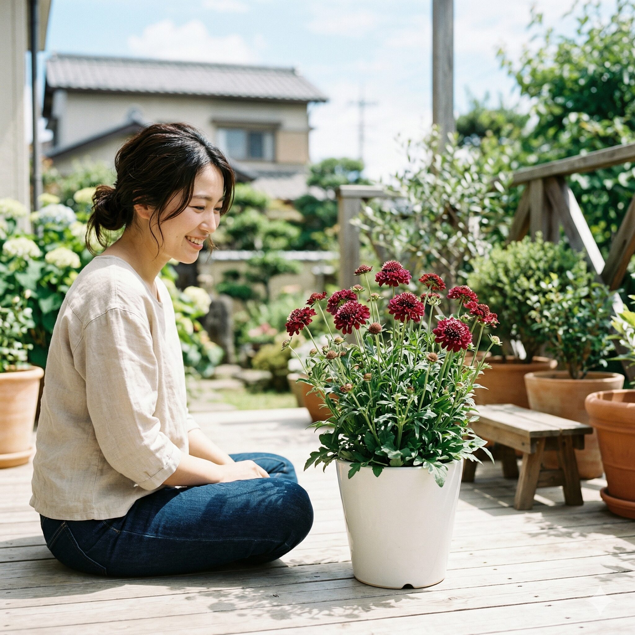 スカビオサ ボルドー2　日当たりと風通しの良い屋外で管理されているスカビオサ ボルドーの鉢植え