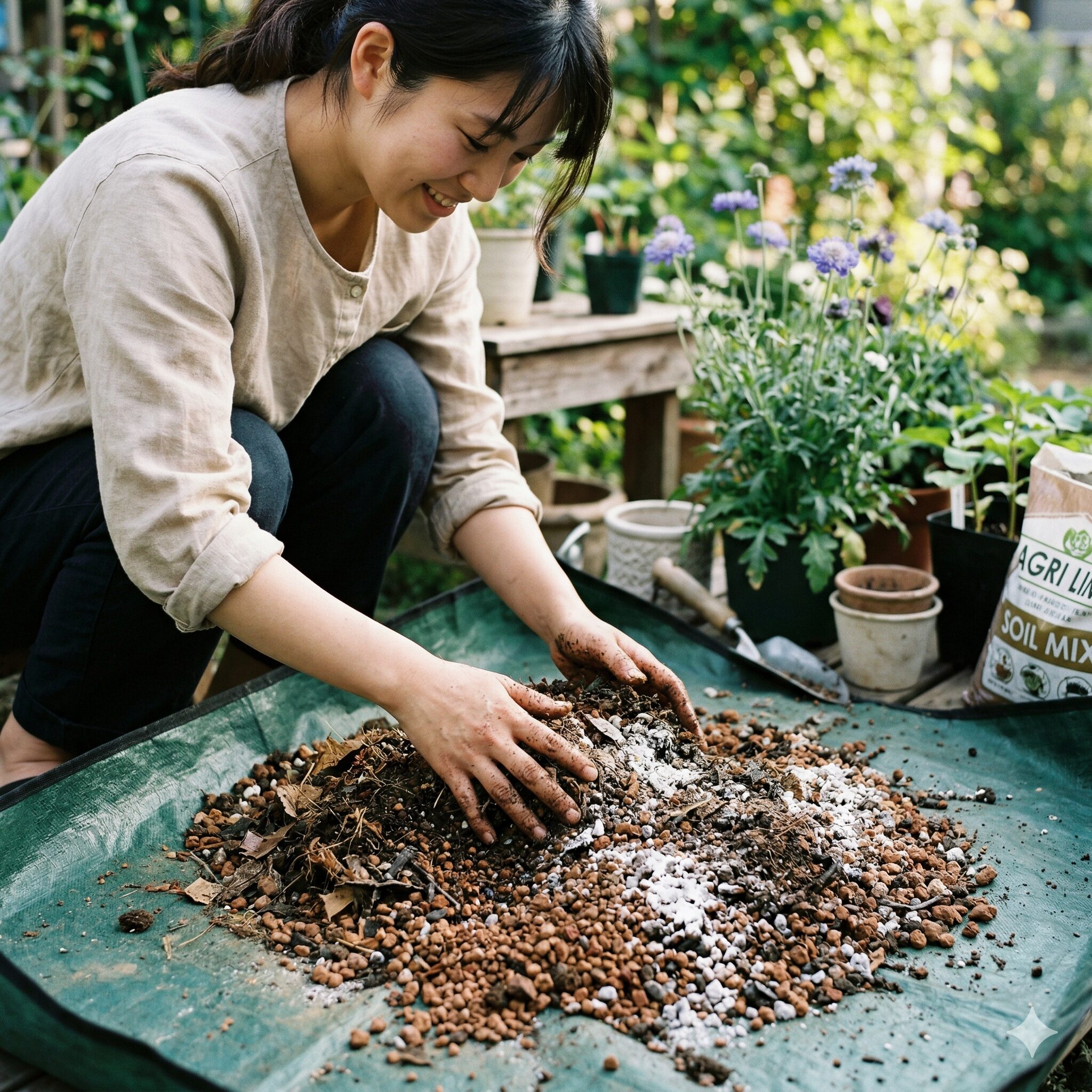 スカビオサ ボルドー3　スカビオサ ボルドーに適した弱アルカリ性の土作りと苦土石灰を混ぜる様子
