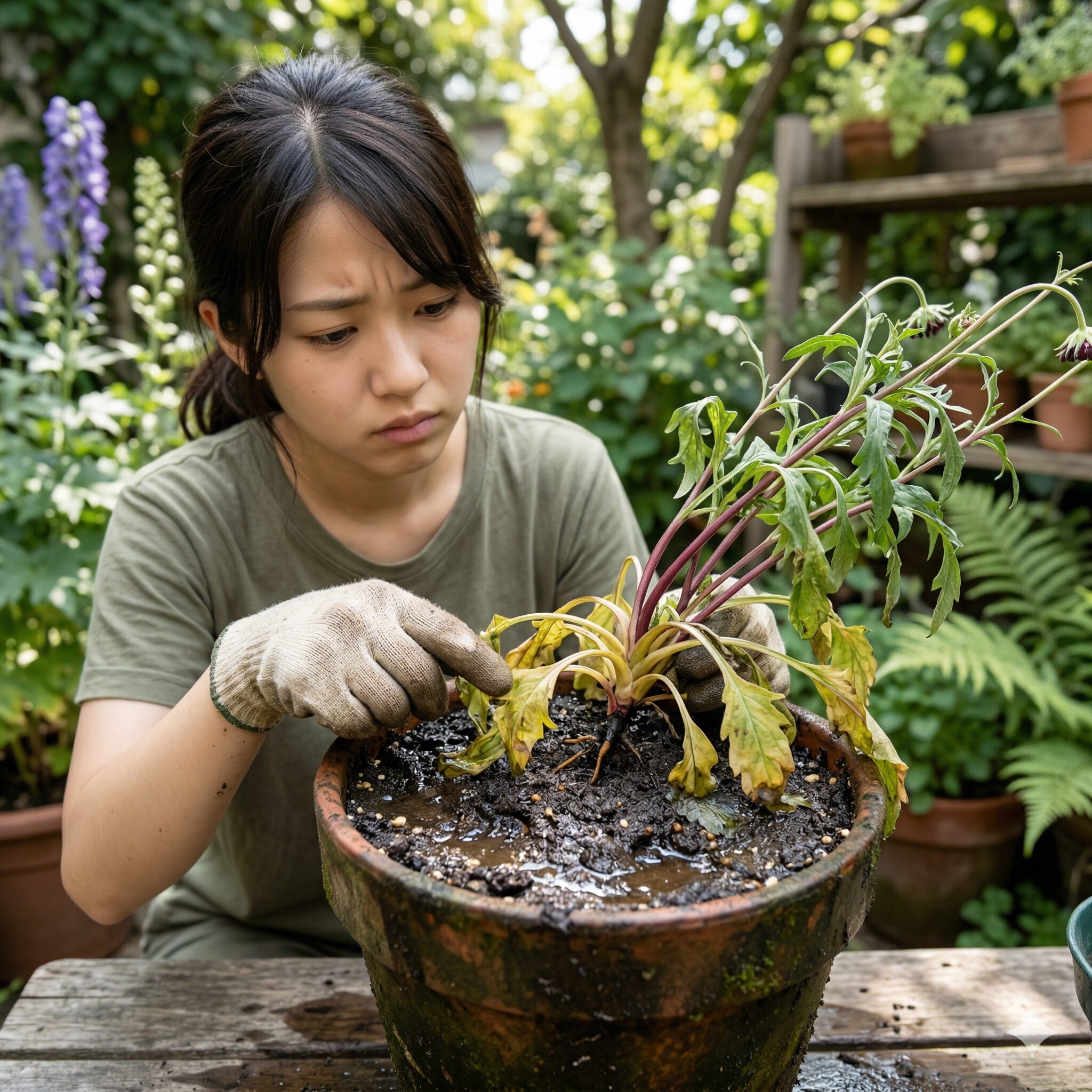 スカビオサ ボルドー4　枯れる原因となる過湿によって下葉が黄色くなったスカビオサ ボルドーの株元