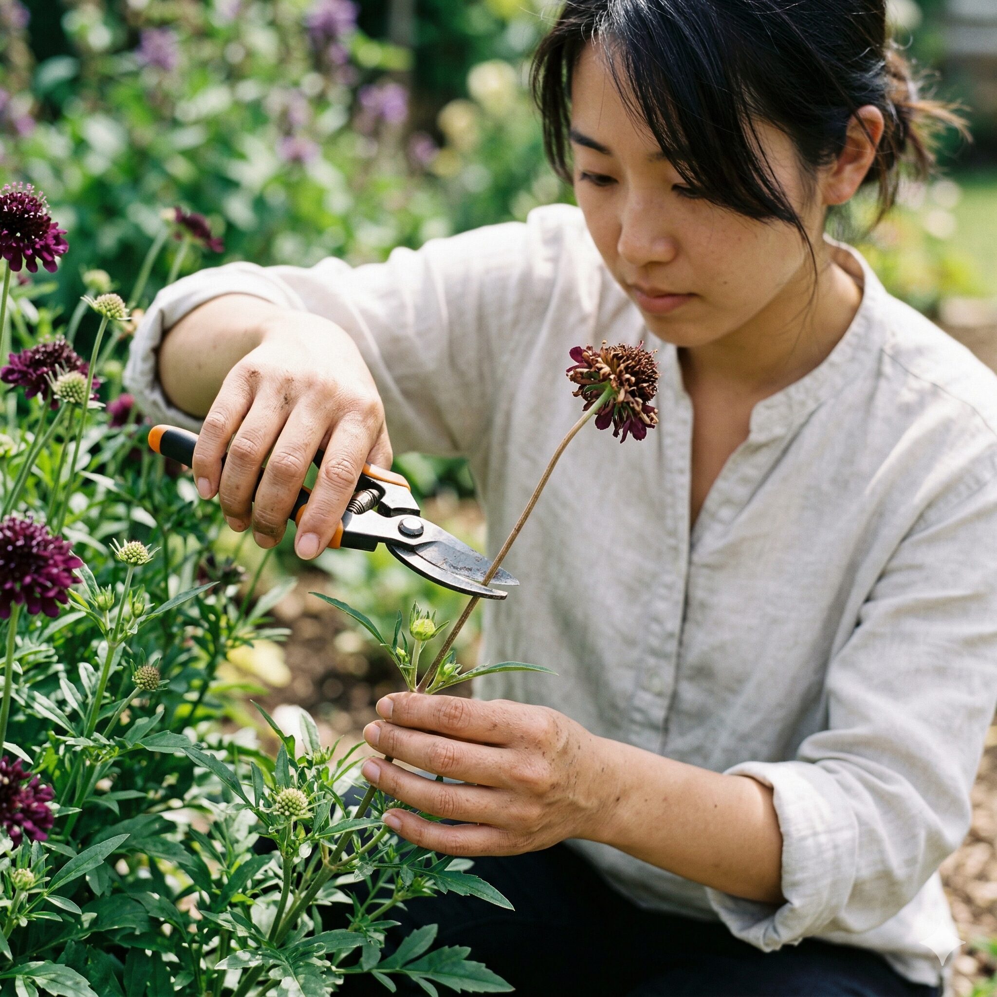 スカビオサ ボルドー6　スカビオサ ボルドーの脇芽のすぐ上で行う正しい切り戻し剪定の様子