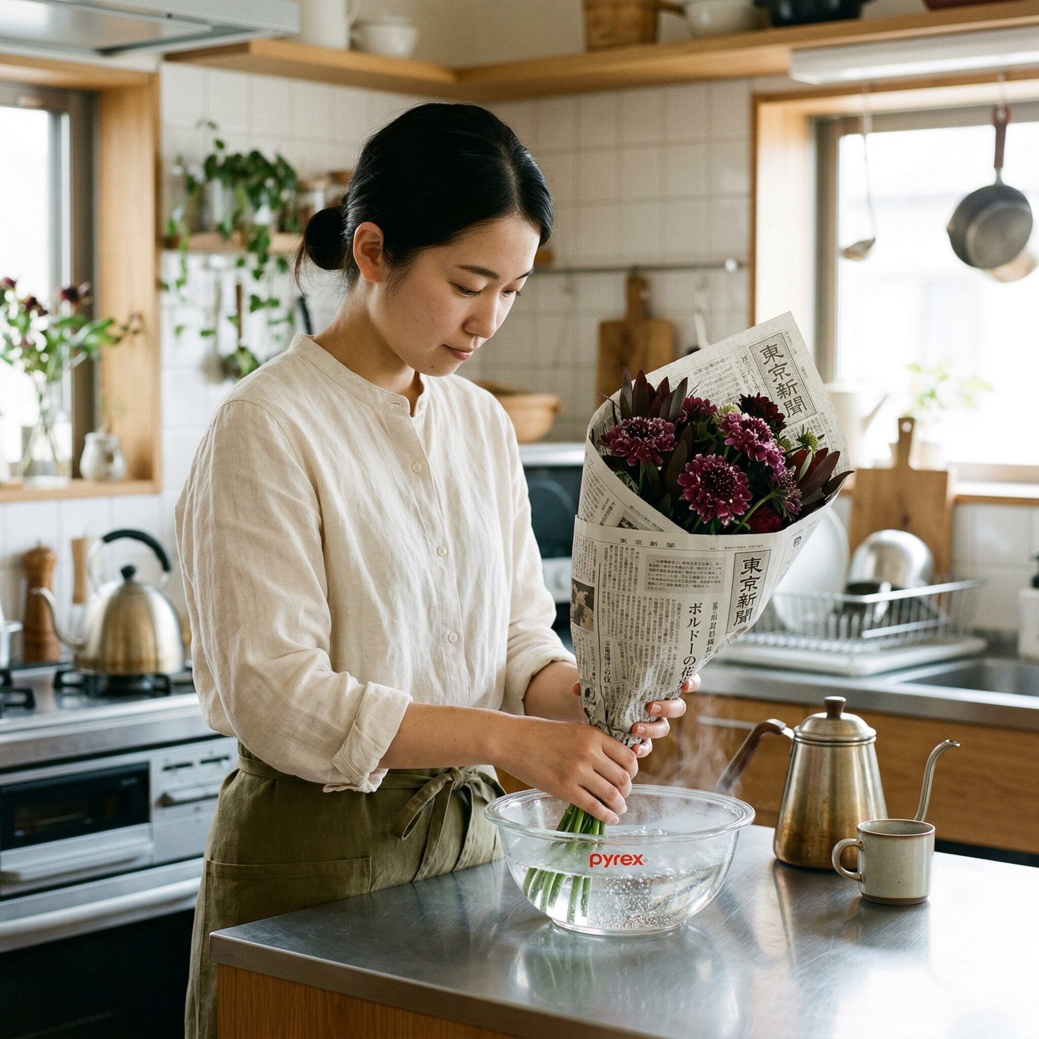 スカビオサ ボルドー7　スカビオサ ボルドーの切り花を長持ちさせるための熱湯を使った湯揚げ作業