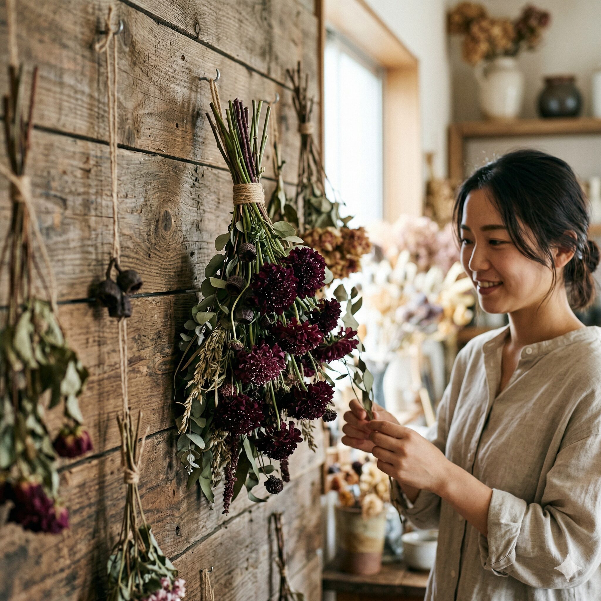 スカビオサ ボルドー9　アンティークな風合いに仕上がったスカビオサ ボルドーのドライフラワースワッグ