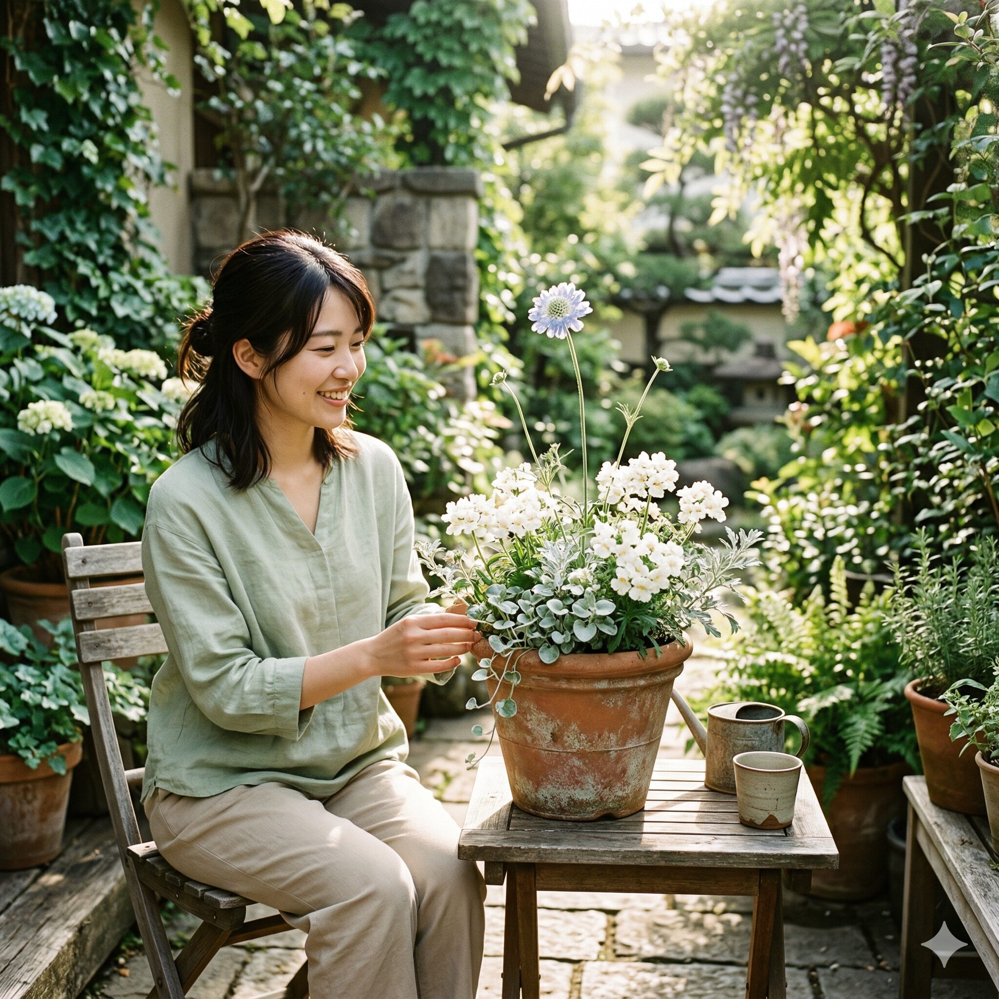 スカビオサ寄せ植え1　スカビオサを主役にしたナチュラルでおしゃれな寄せ植えの全体像