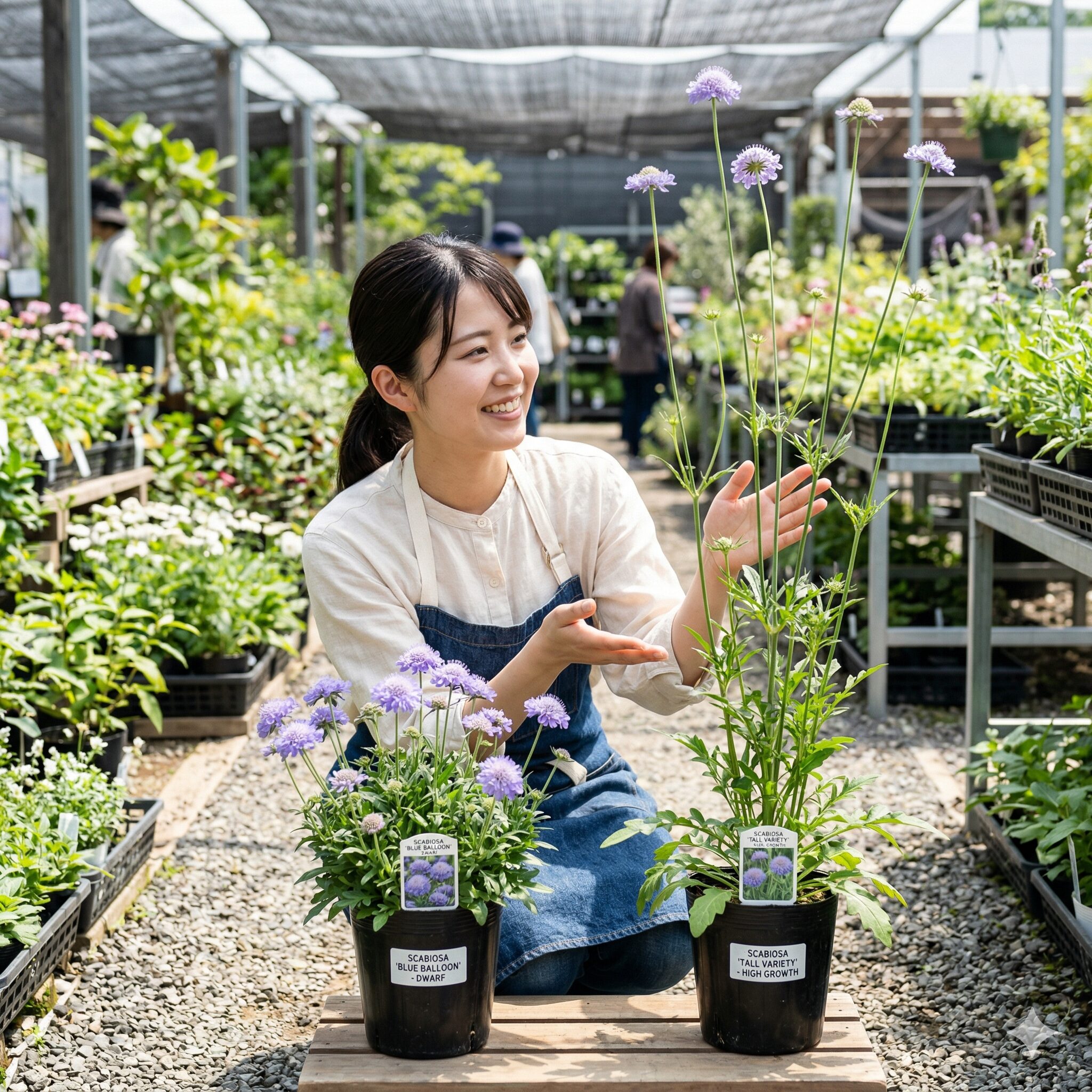 スカビオサ寄せ植え2　寄せ植えに適したスカビオサの矮性種と高性種の草丈比較