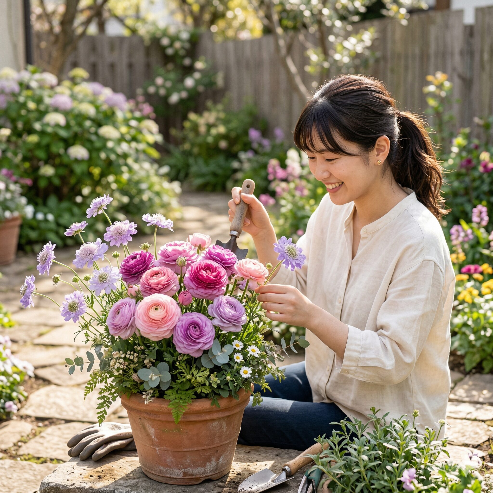 スカビオサ寄せ植え4　ラナンキュラスとスカビオサを合わせた豪華な春の寄せ植え