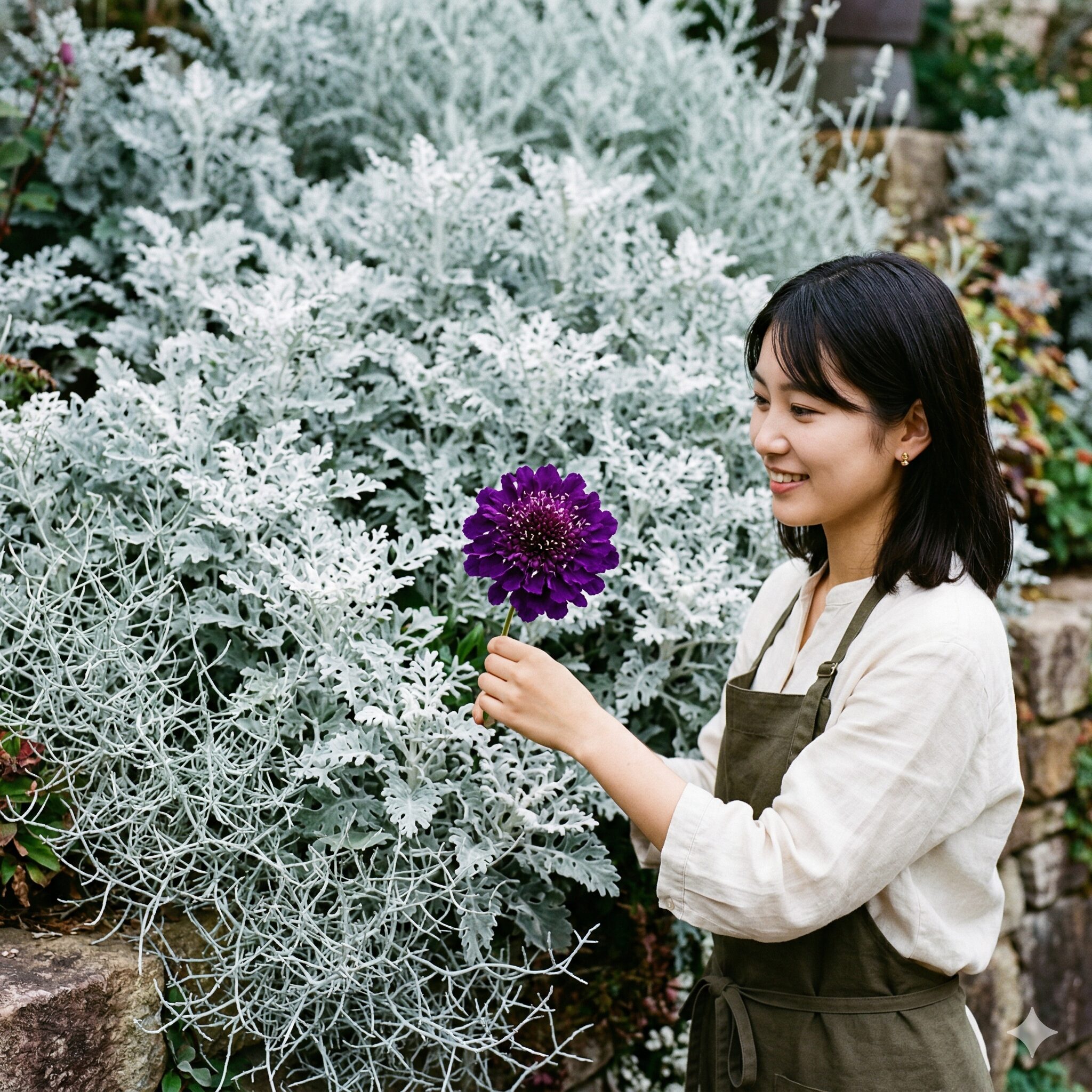 スカビオサ寄せ植え5　シルバーリーフで花色を引き立てたスカビオサの色彩設計