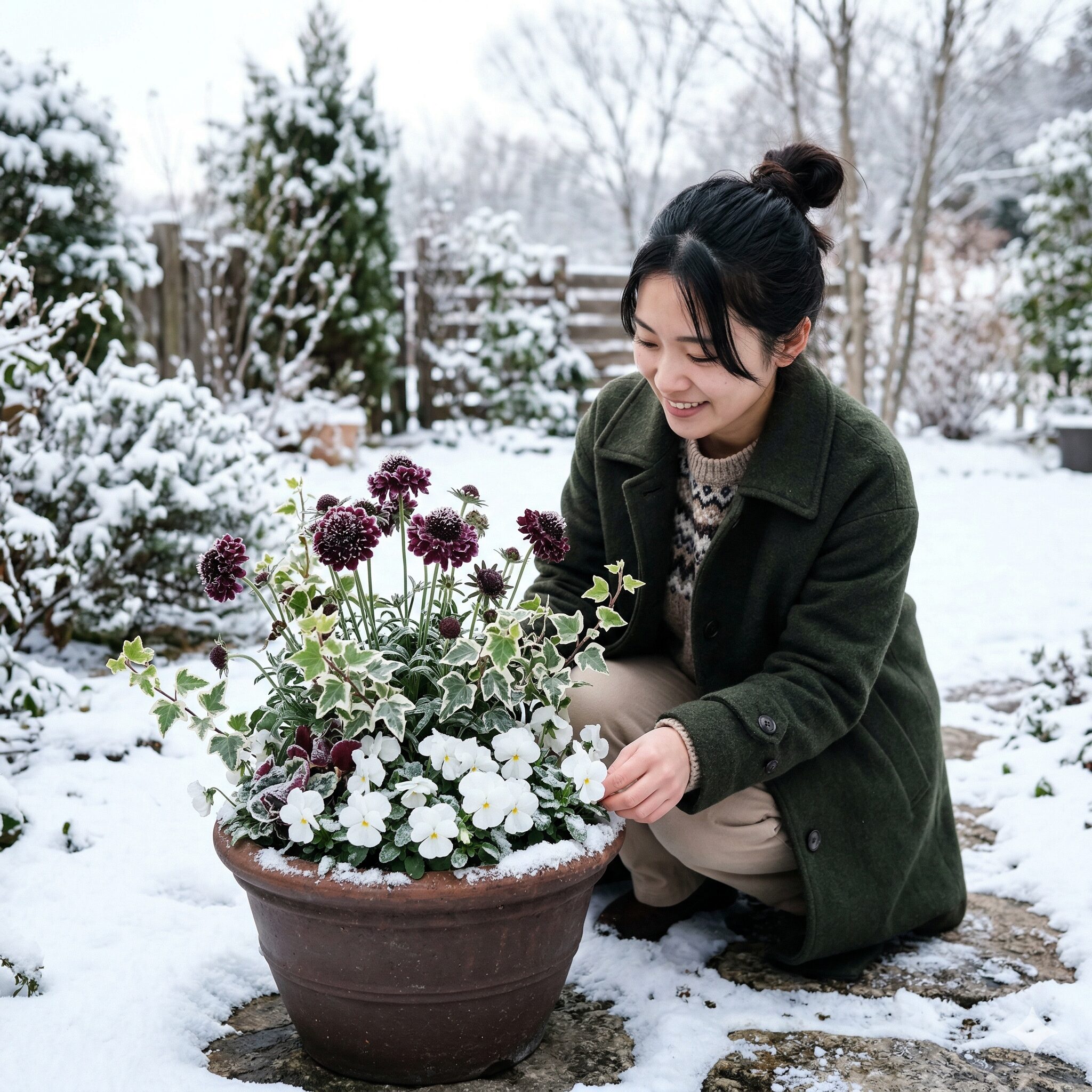 スカビオサ寄せ植え6　冬のスカビオサとヘデラ白雪姫で作るウィンター寄せ植え