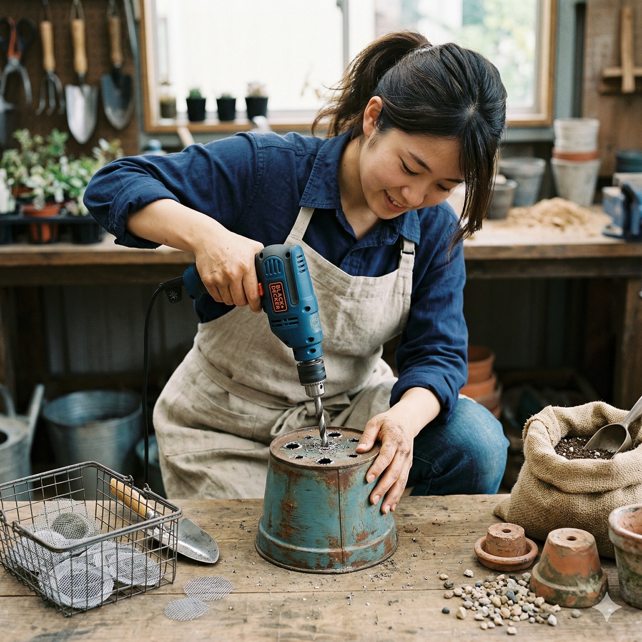 スカビオサ寄せ植え7　ブリキ鉢の排水性を高めるために底穴を開けるDIY作業