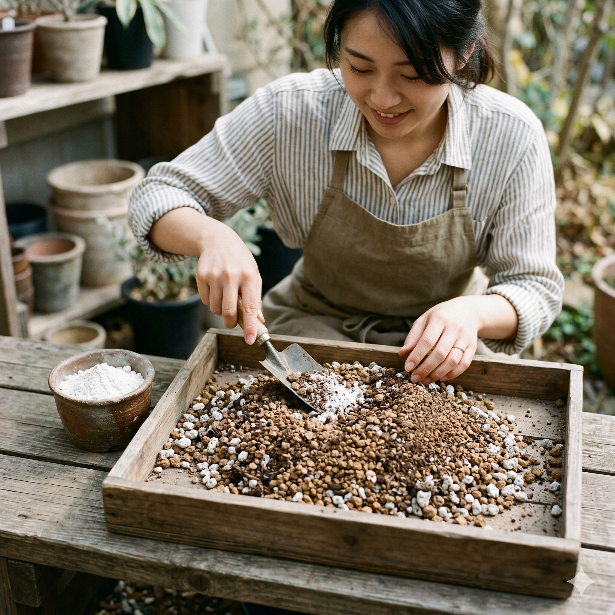 スカビオサ寄せ植え8　スカビオサ栽培に適した水はけの良い用土の配合イメージ