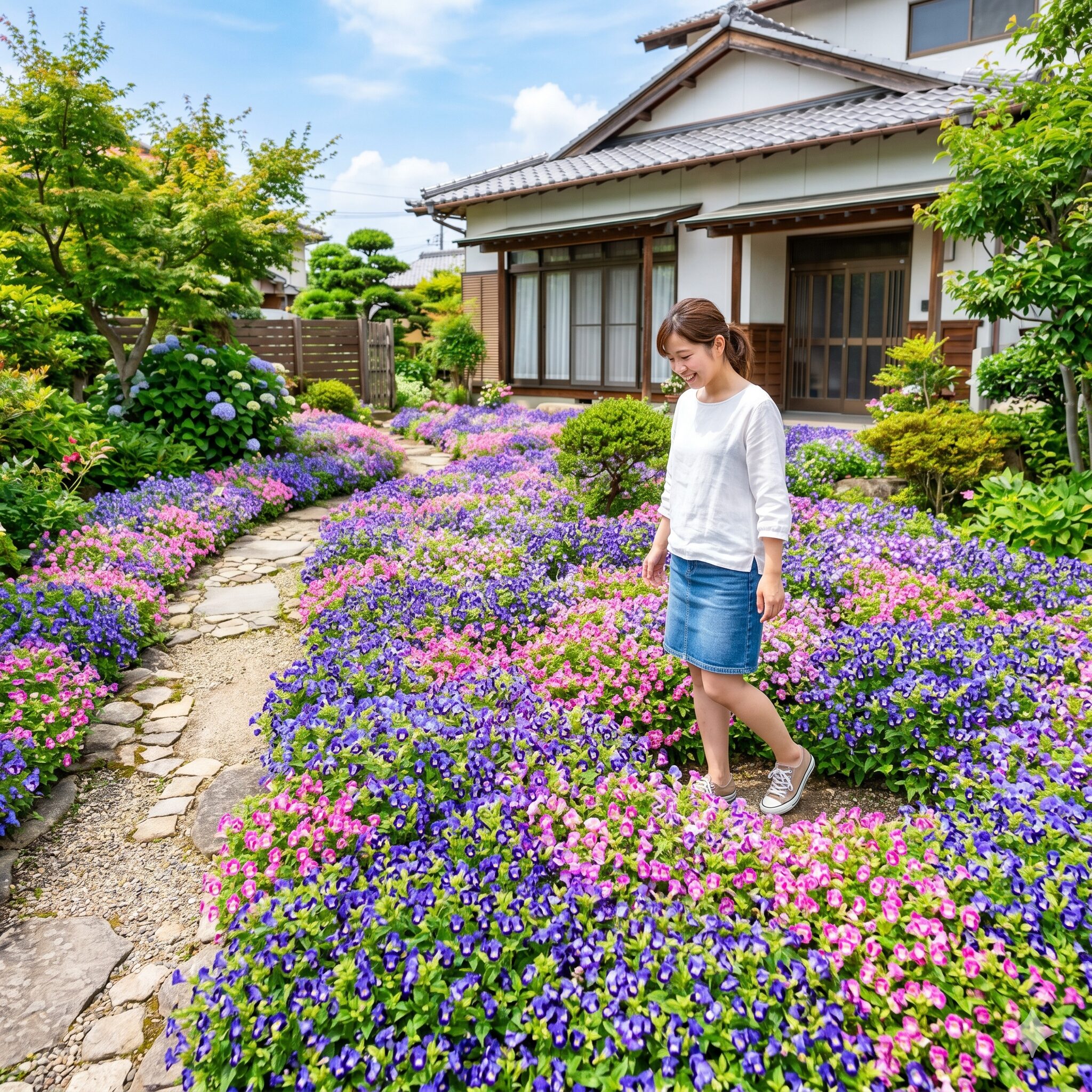 スーパー トレニア カタリーナ 地植え1　スーパートレニアカタリーナを地植えして庭一面を花の絨毯にした美しい夏の景観
