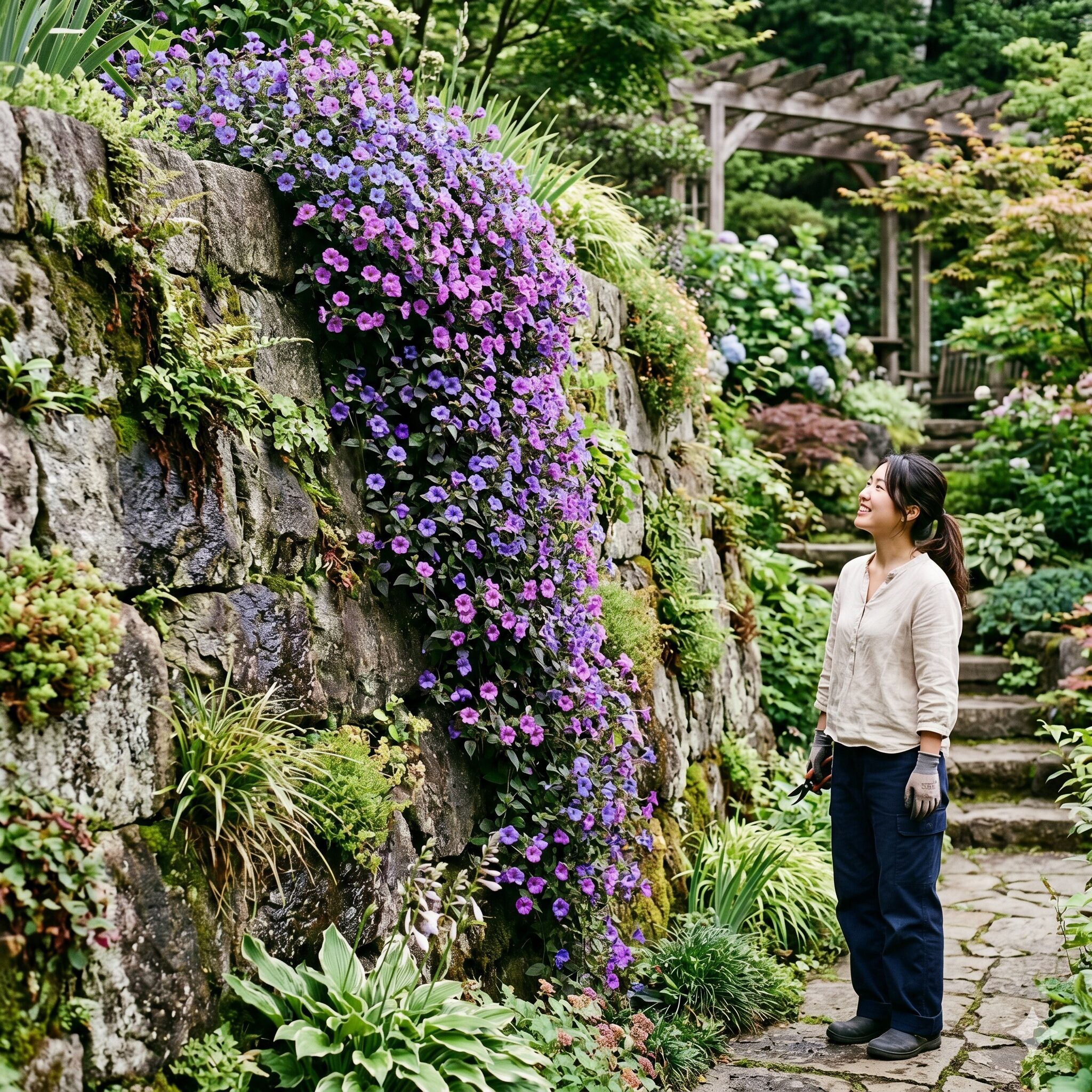 スーパー トレニア カタリーナ 地植え　石垣から垂れ下がるように美しく咲くスーパートレニアカタリーナの立体的な植栽例