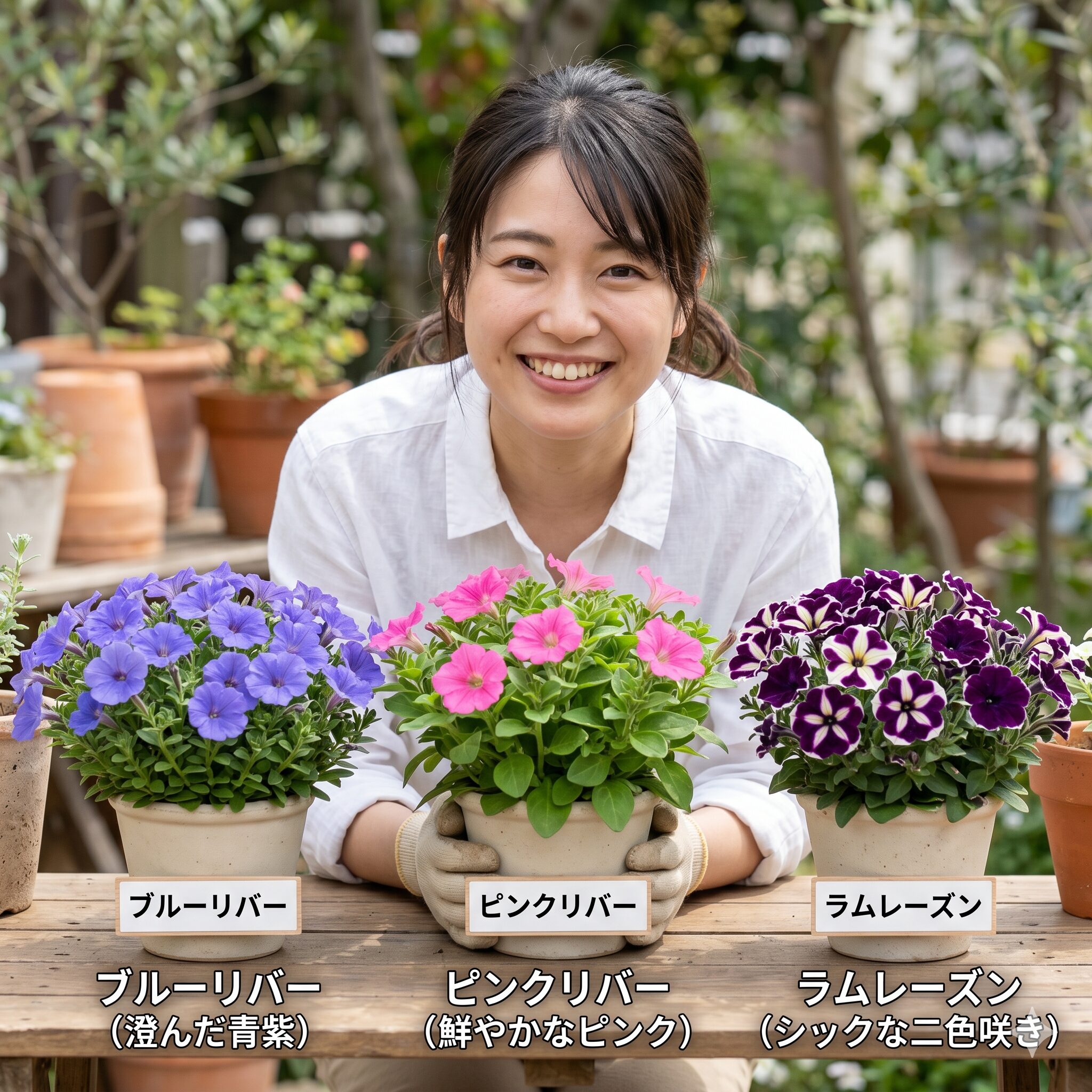 スーパー トレニア カタリーナ 地植え2　スーパートレニアカタリーナの代表的な種類（ブルーリバー、ピンクリバー、ラムレーズン）の花色の比較