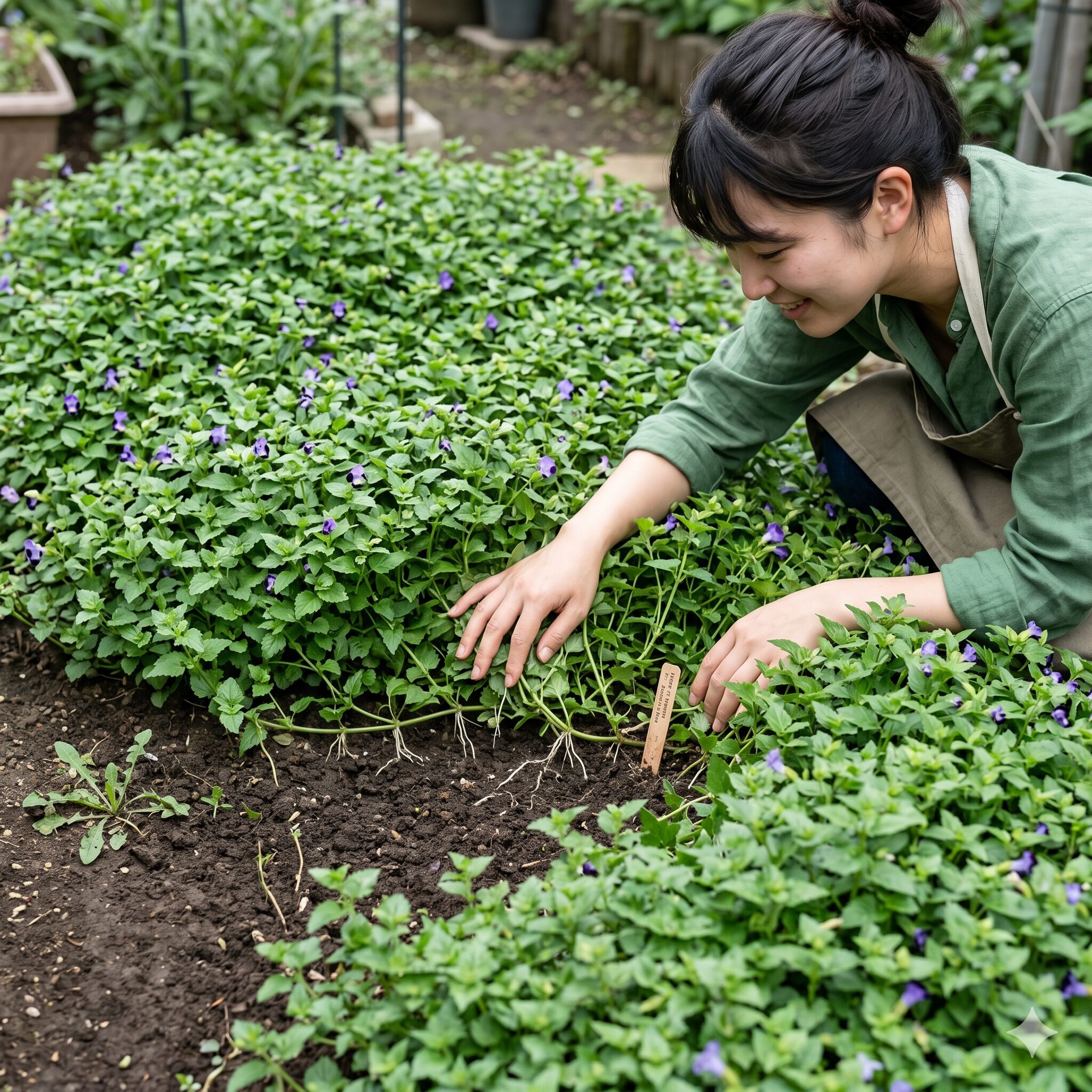 スーパー トレニア カタリーナ 地植え3　地面を隙間なく覆い雑草を抑制するスーパートレニアカタリーナの被覆能力と不定根の様子