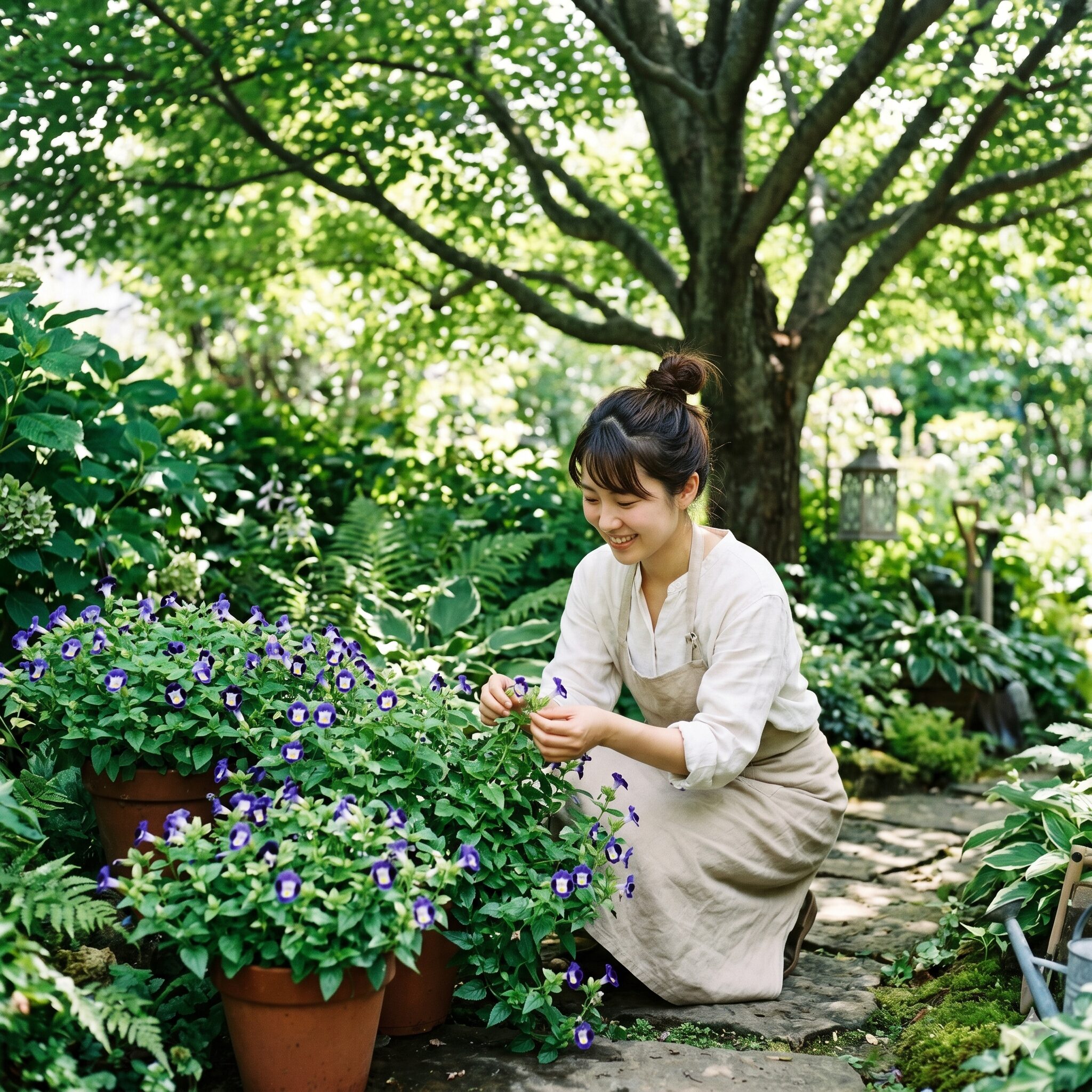スーパー トレニア カタリーナ 地植え4　木漏れ日の当たる半日陰で元気に咲き誇る地植えのスーパートレニアカタリーナ