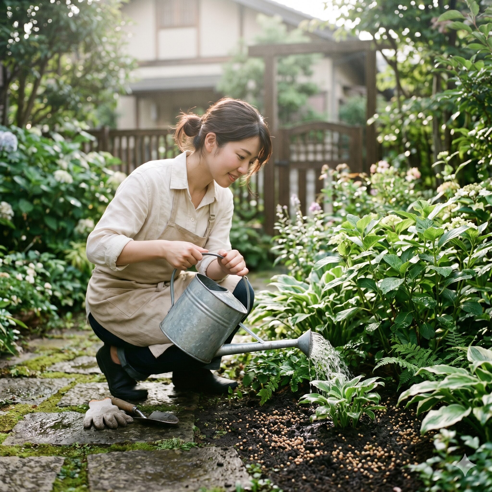 スーパー トレニア カタリーナ 地植え　早朝に株元へたっぷりと水やりと追肥を行うスーパートレニアカタリーナの管理
