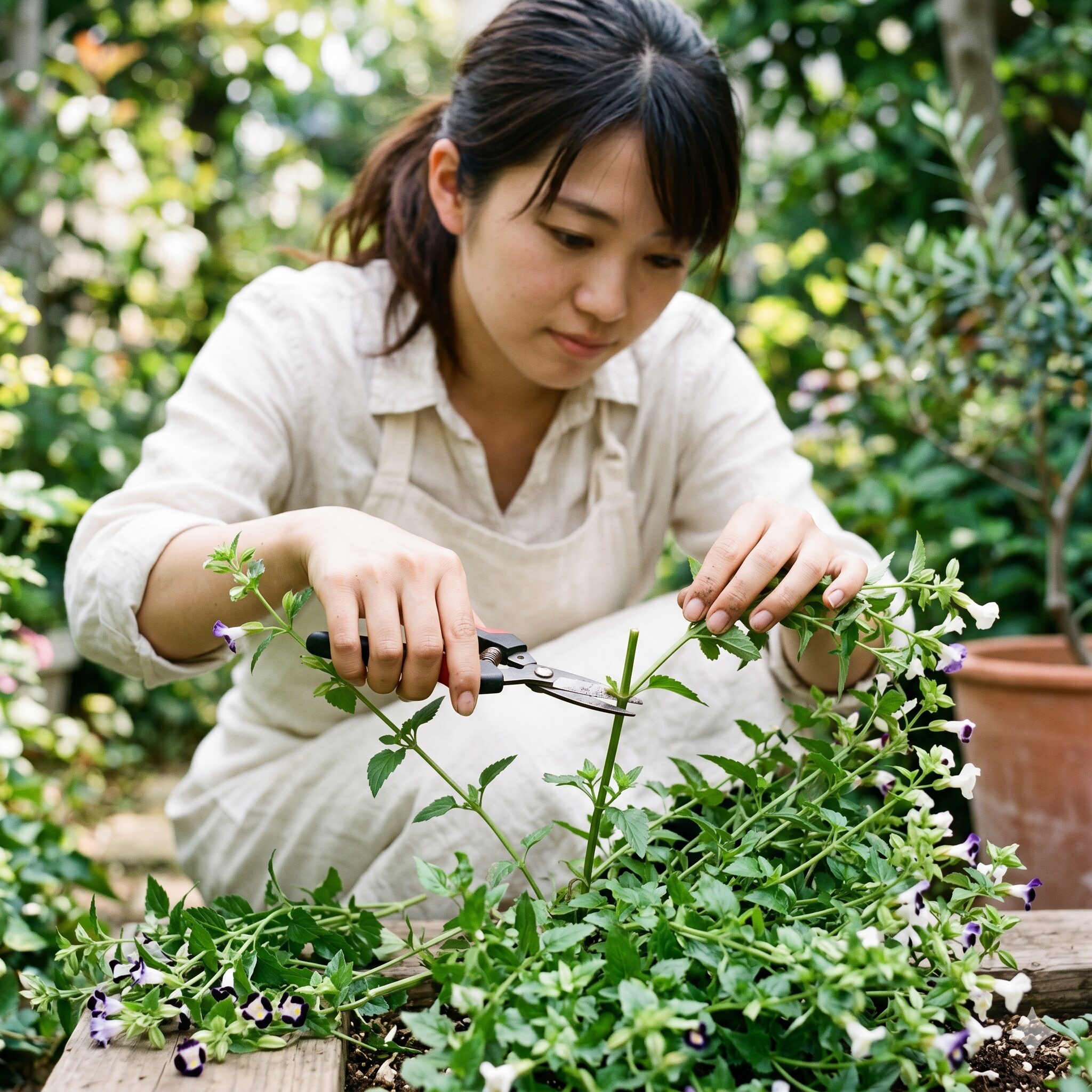 スーパー トレニア カタリーナ 地植え　秋に再び満開にさせるためのスーパートレニアカタリーナの切り戻し作業