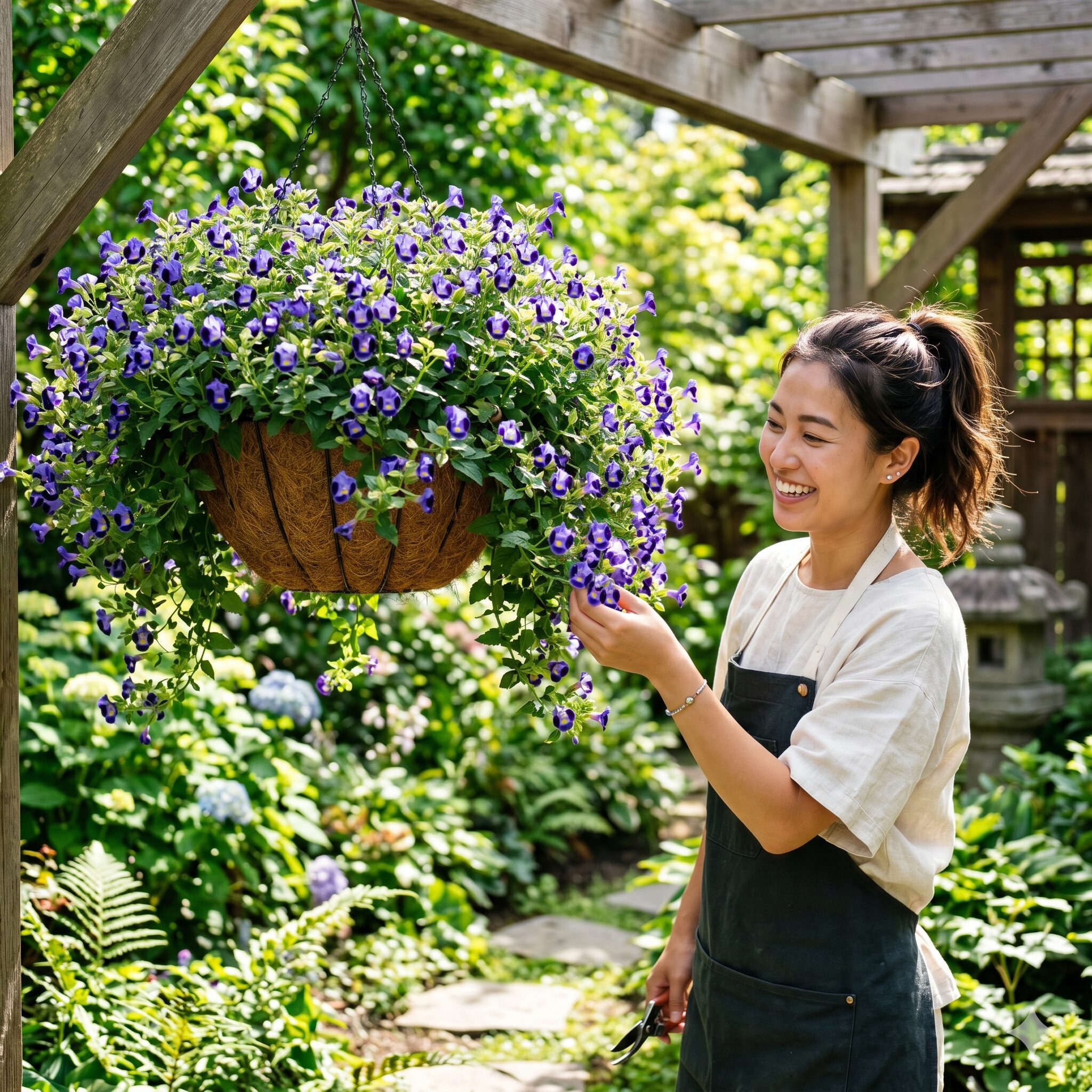 スーパー トレニア 増やし方1　夏の庭でハンギングバスケットから溢れるように咲くスーパートレニア・カタリーナの花